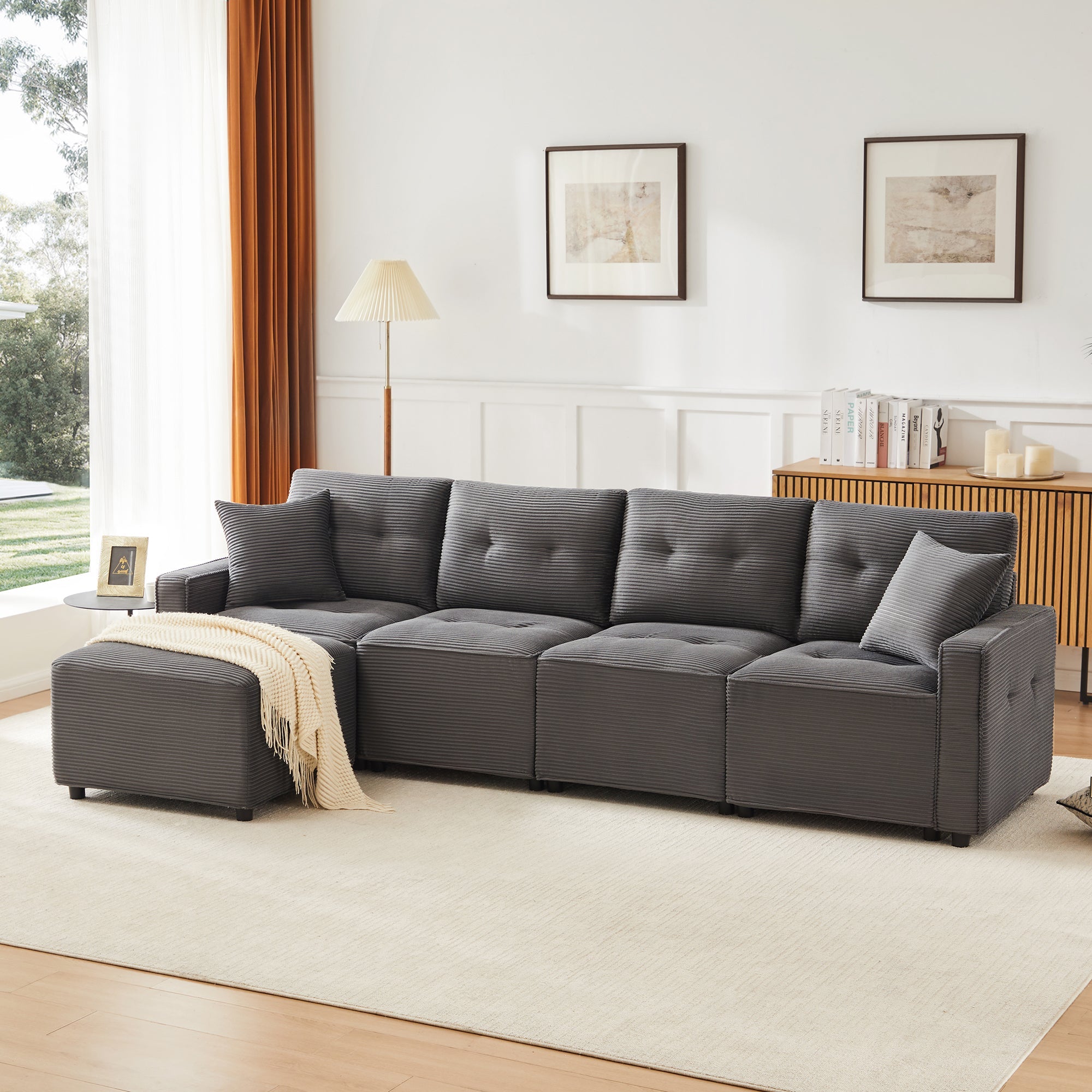 4-Seater Sofa with Storage and Ottoman, Grey Corduroy