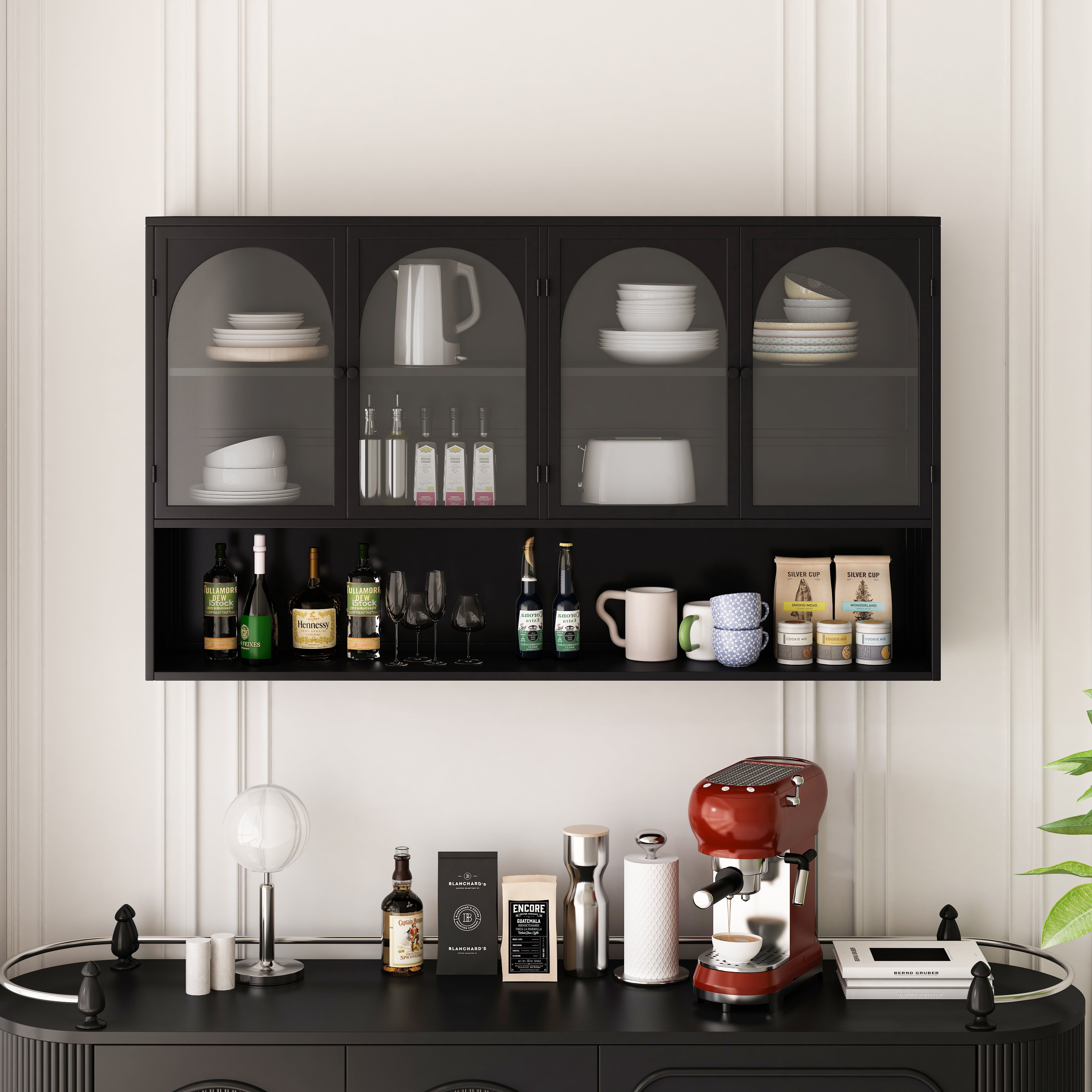 Four-door Glass Wall Cabinet, Wall-mounted 120CM, Black