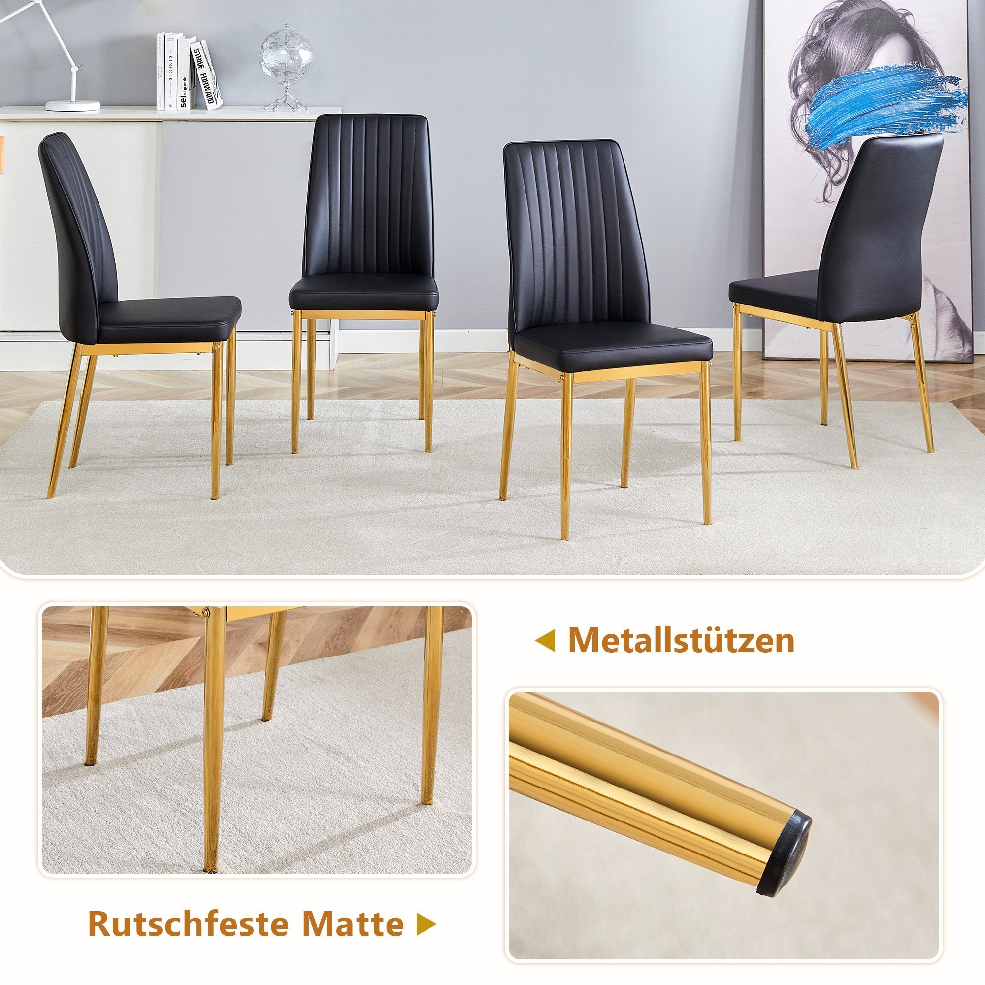 Dining Table Set Modern Minimalist Round Glass Table 4 Chairs - Faux Leather Black