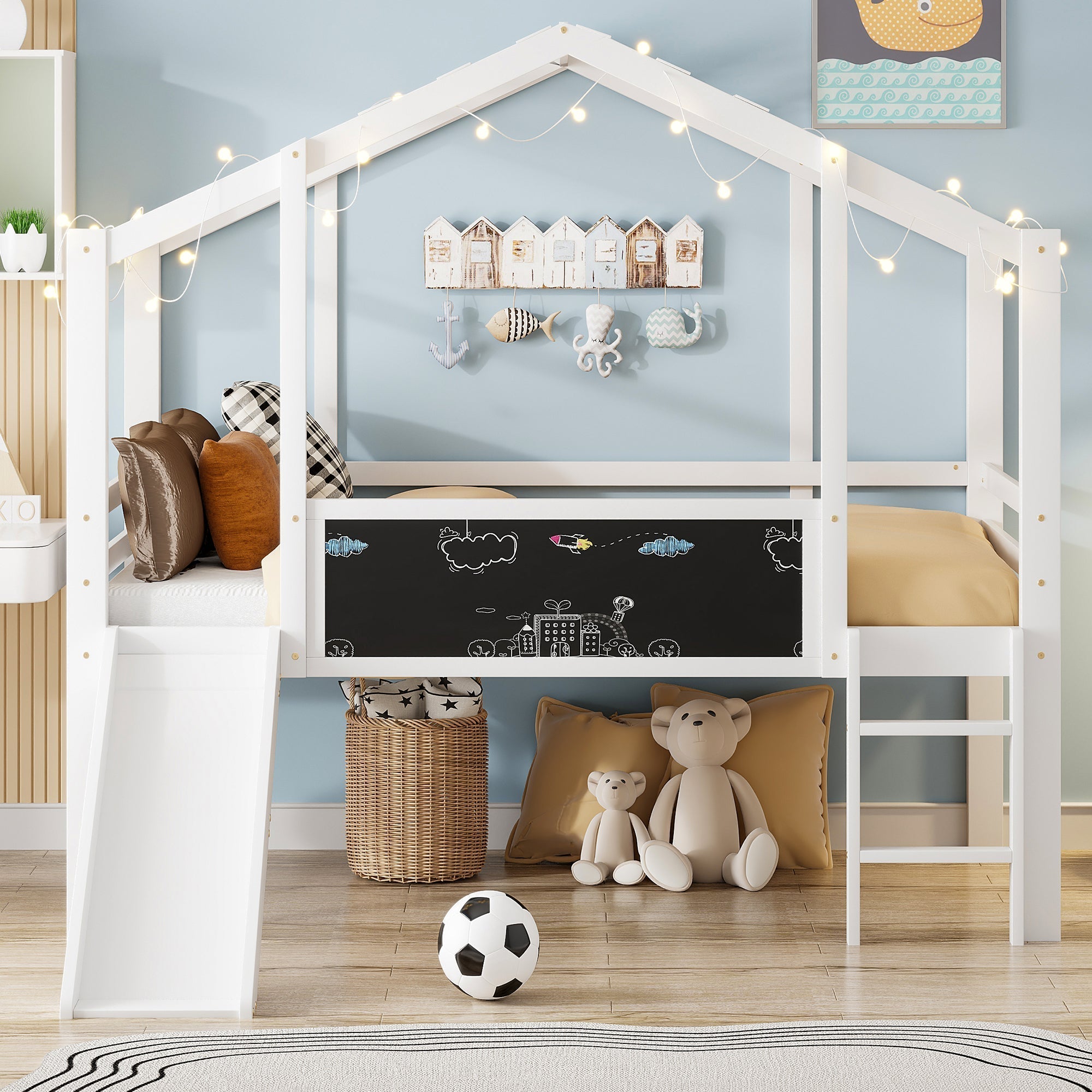 Children's Bed Attic Design, Ladder, Slide, Graffiti Board, Multifunctional Solid Wood, White