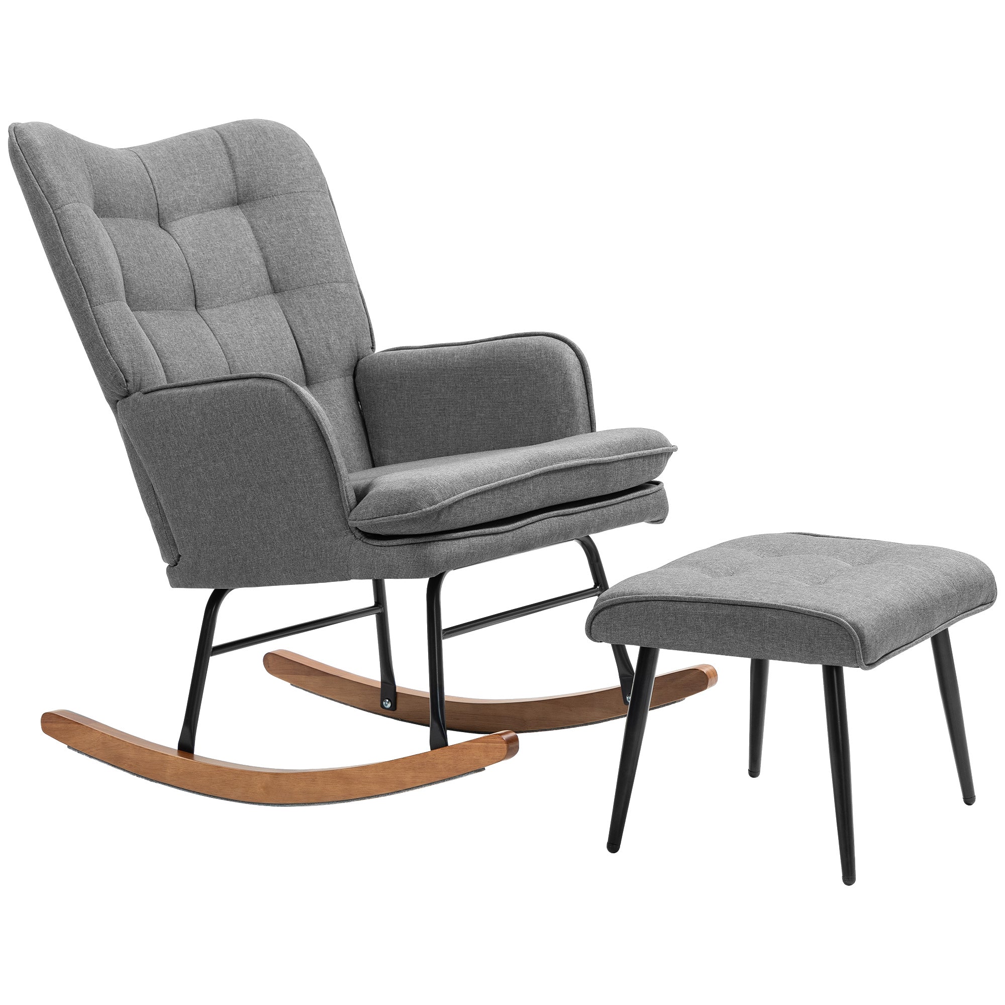 Rocking Chair with Footstool, 130kg Capacity Armrests Recliner, Linen Look