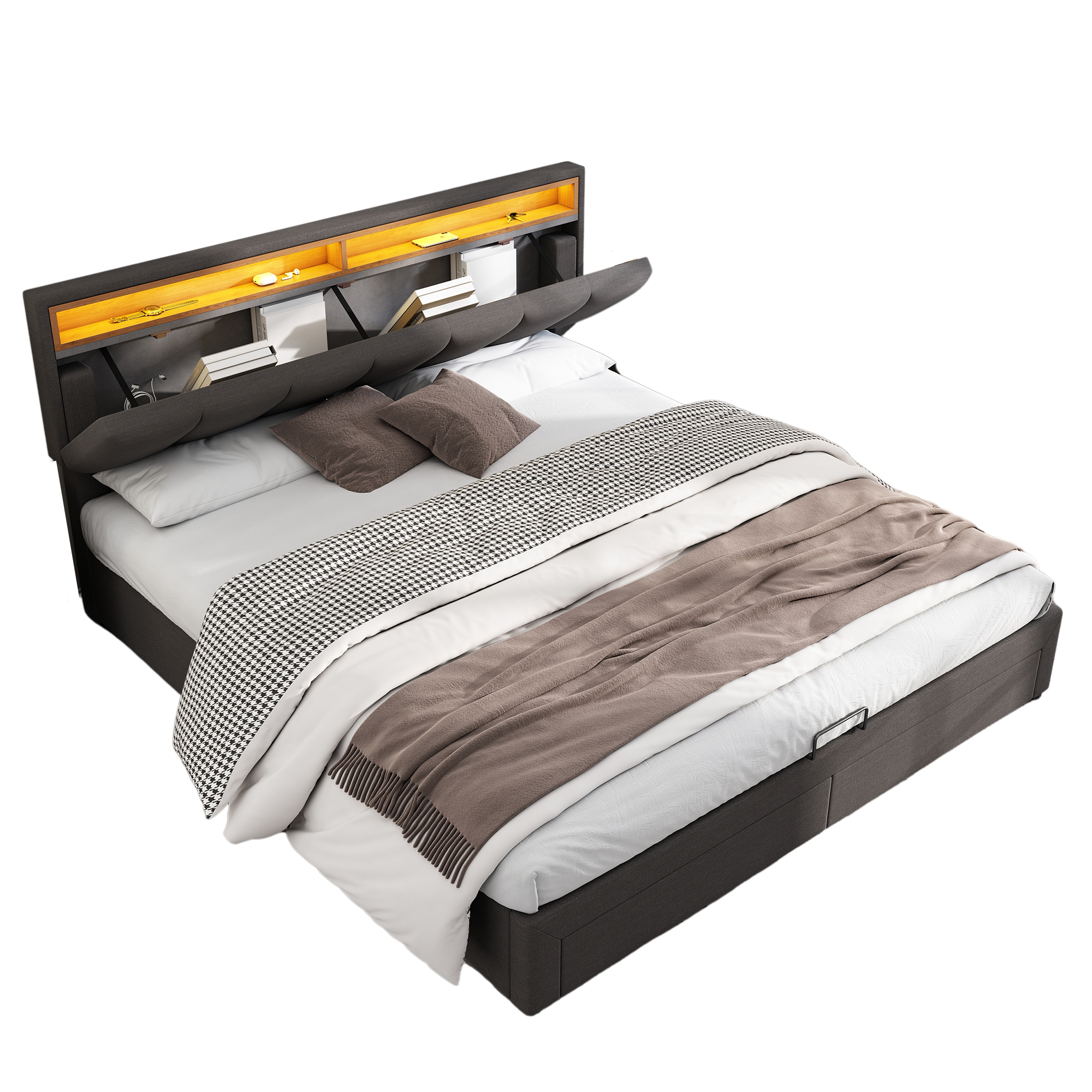 Upholstered Double Bed 160x200cm Hydraulic Storage LED Stowable Headboard - Linen Grey