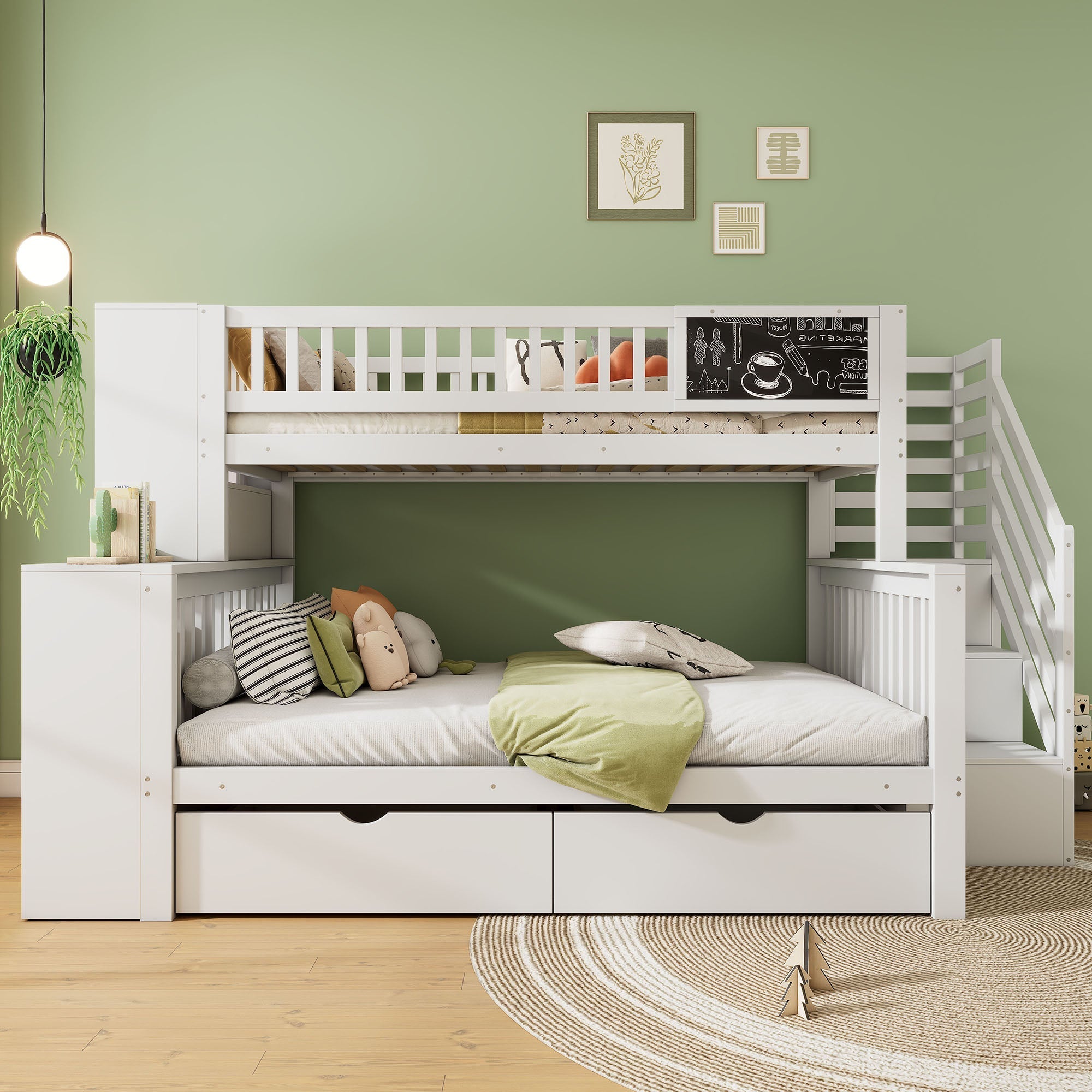 House Bunk Bed Multifunctional Graffiti Board Stairs Storage Drawers 140x200 & 90x200 - White
