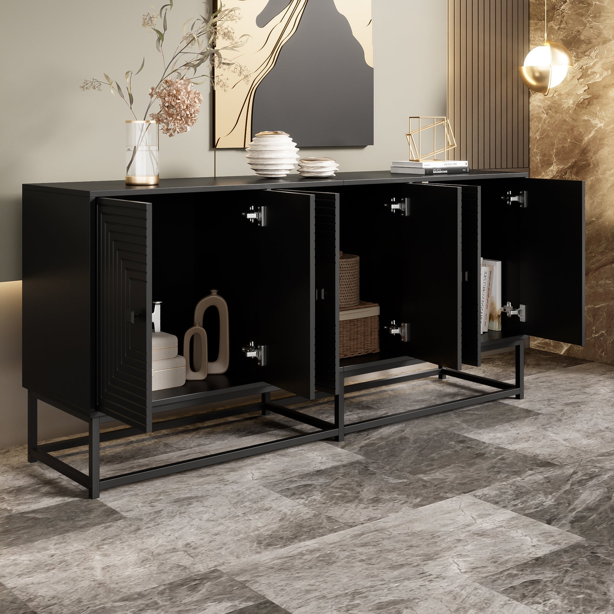 Sideboard Cabinet 3 Double Doors Large Storage Matte Finish - Black