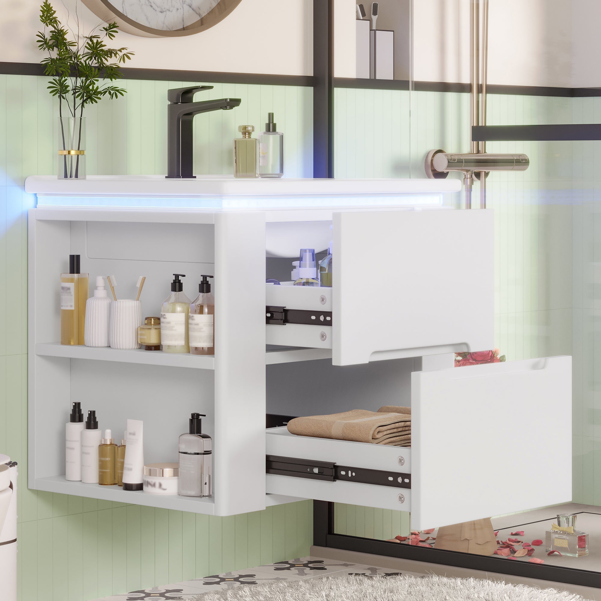 Wall-Mounted Bathroom Cabinet with LED Sensor Lighting and Integrated Sink, White