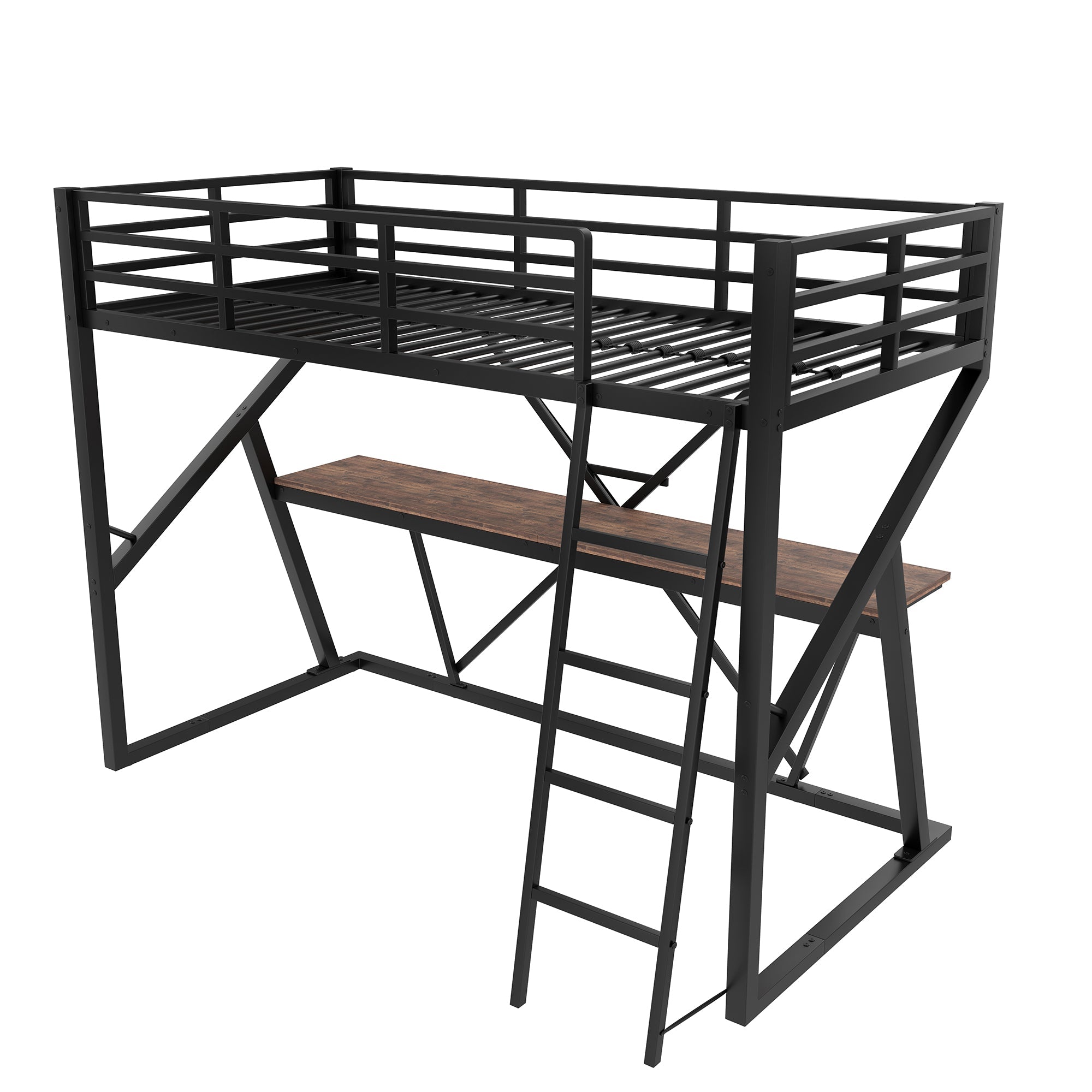 Loft Bed 90x200cm LED Strip Desk Iron Frame Black