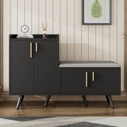 Modern Shoe Bench, Shoe Cabinet with Four Storage Doors, Black Walnut Wood