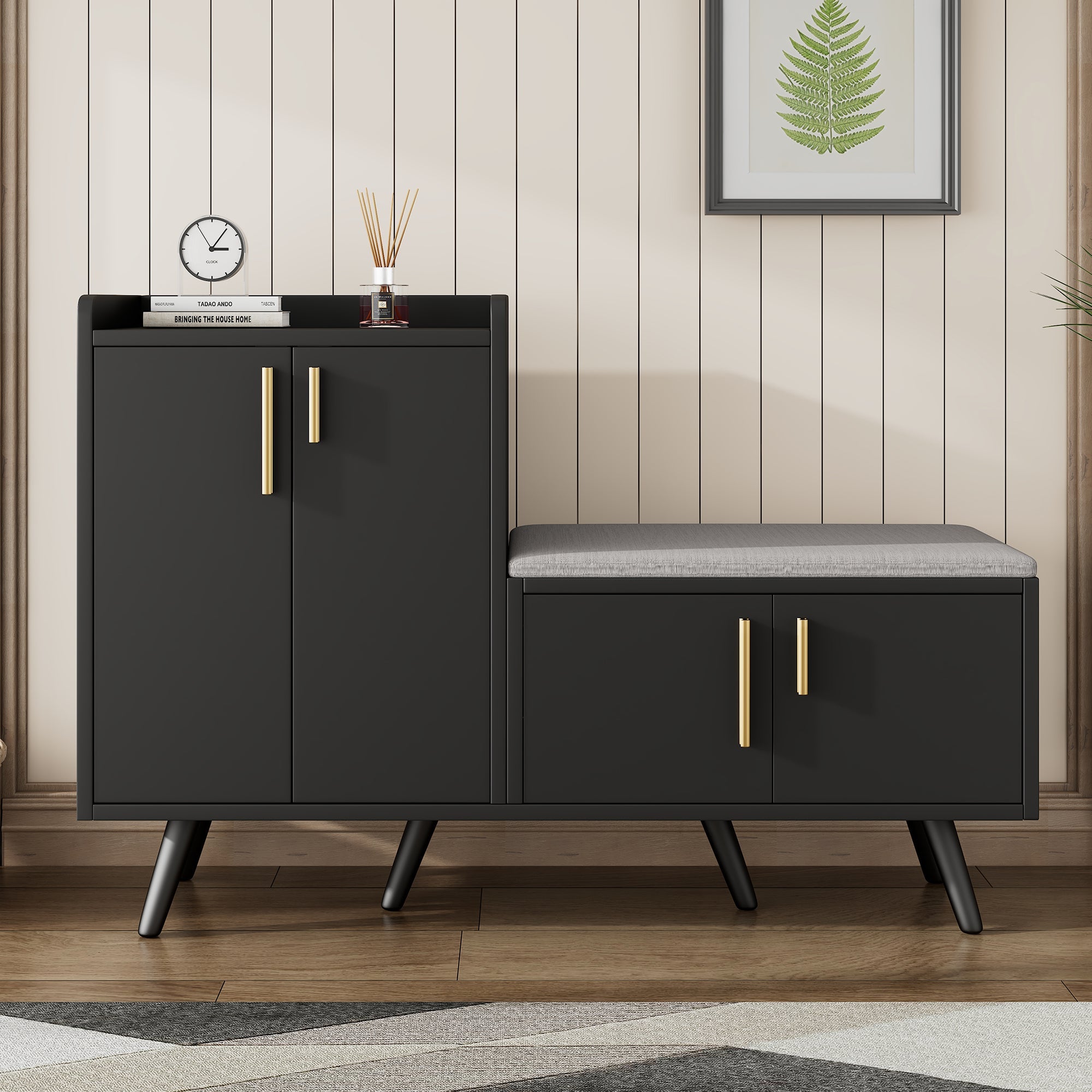 Modern Shoe Bench, Shoe Cabinet with Four Storage Doors, Black