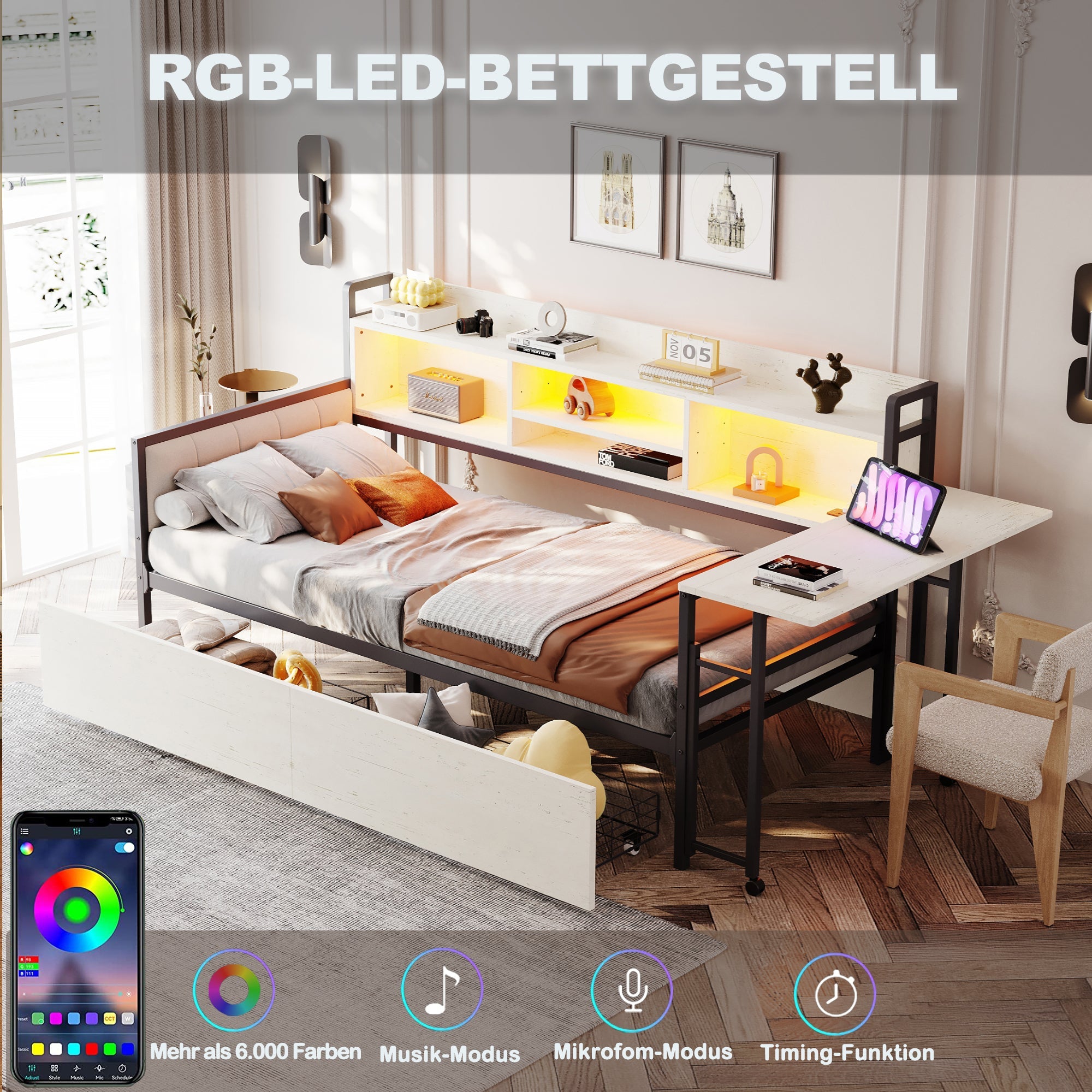 Iron Sofa Bed 90x200cm LED Storage Drawers Fold-Out Desk White
