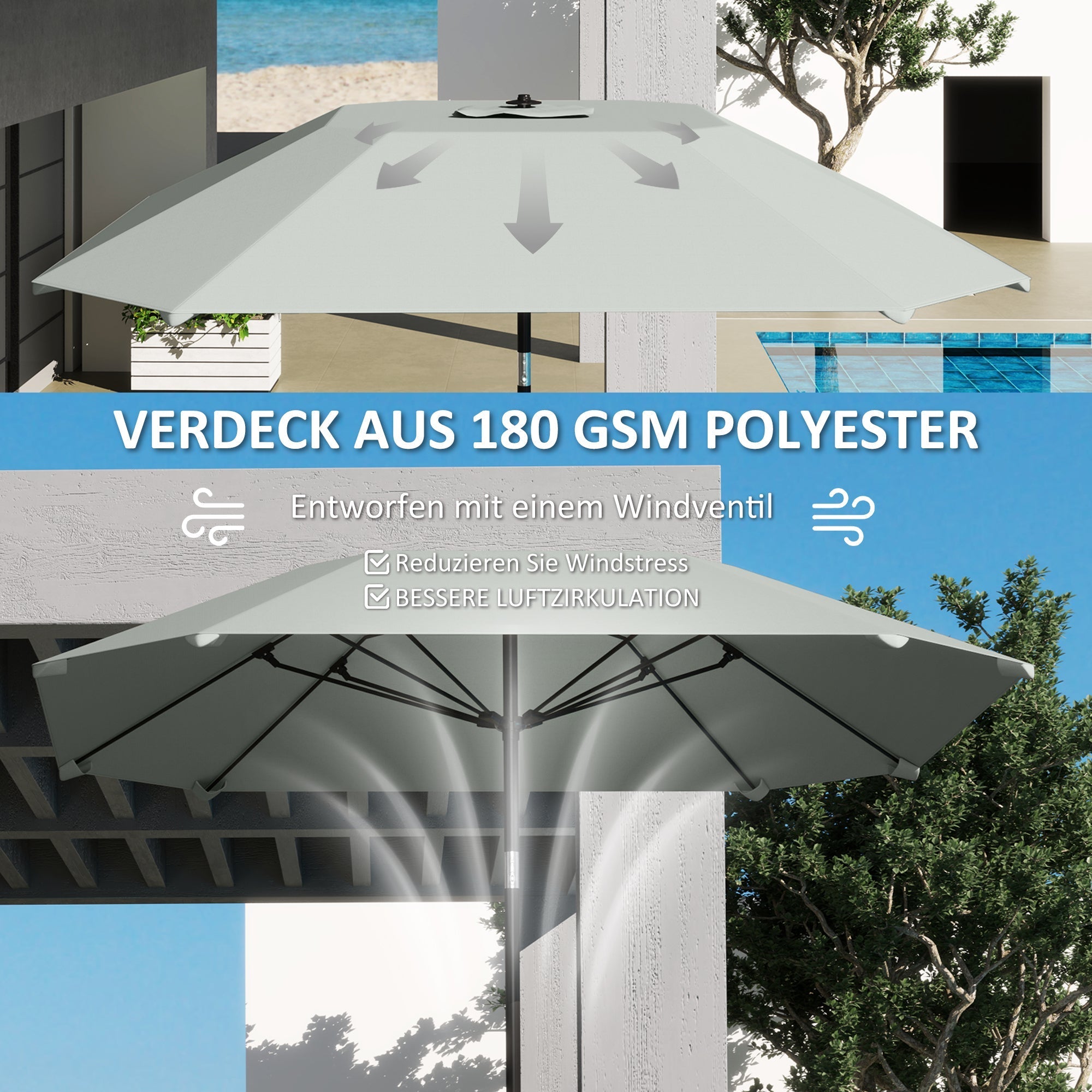 Parasol Ø233cm, Octagonal Folding Beach/Balcony/Garden, Dark Grey
