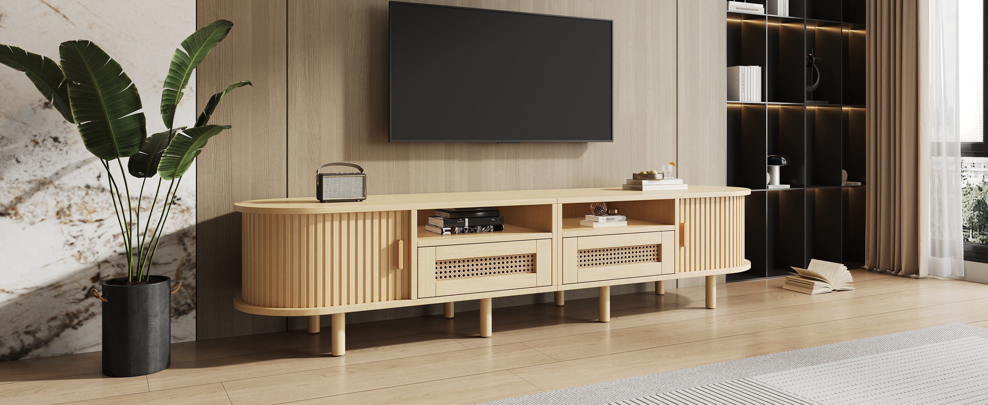 Oval TV Stand for 70 Inches, 2 Rattan Drawers, 2 Sliding Doors, Wood Color