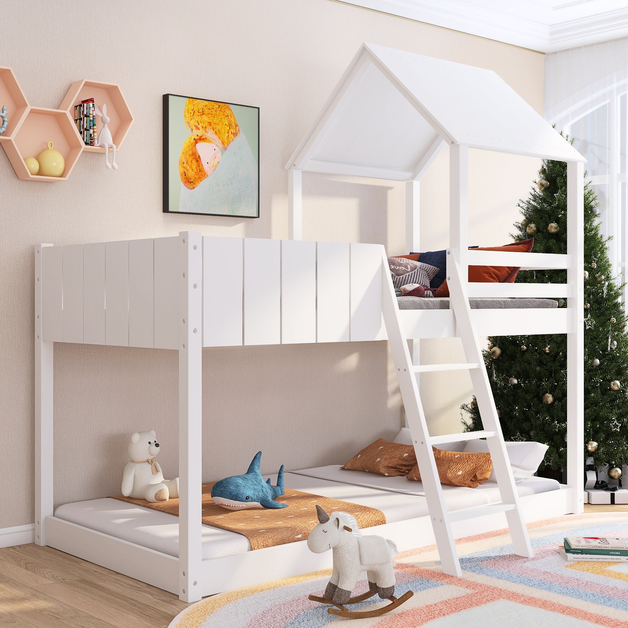 Bunk Bed with Ladder, Guard Rail &amp; Treehouse Canopy - Clearance