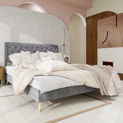 Modern Minimalist Soft Bed, Comfortable Headboard, Low Box Frame, Gray