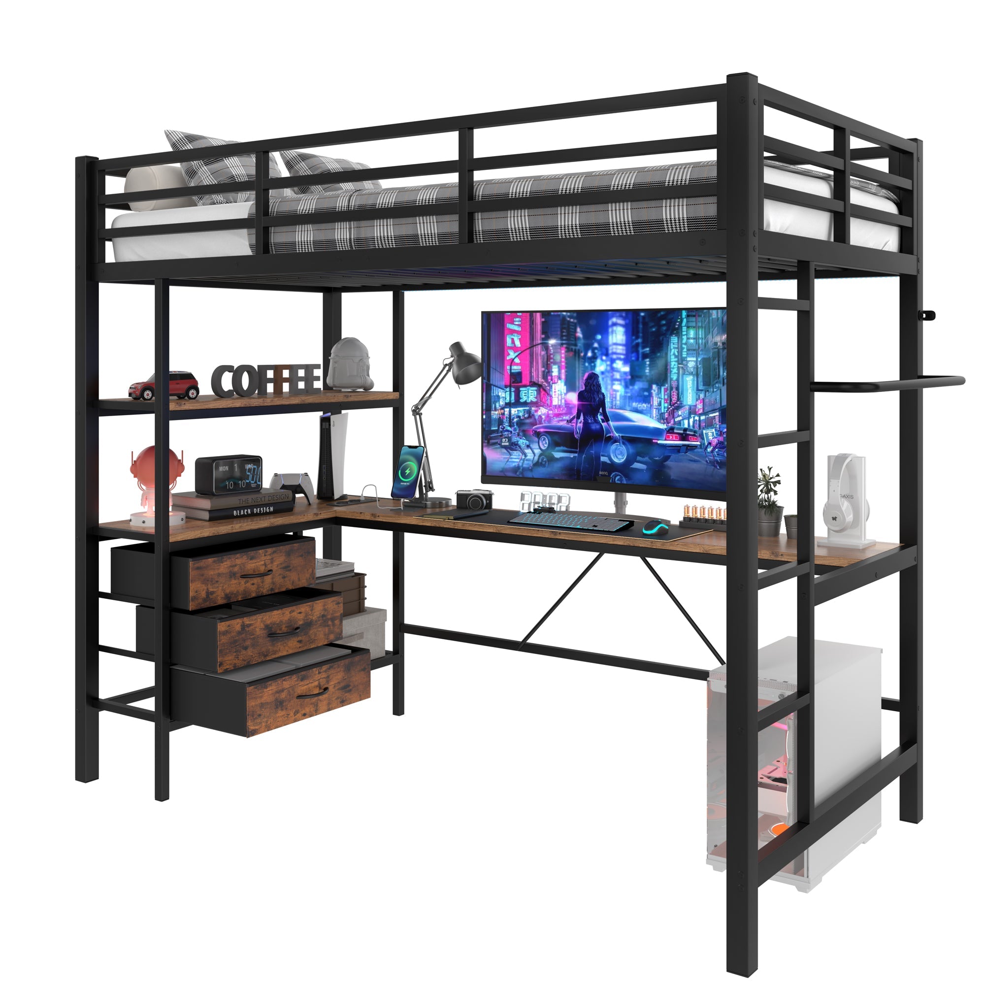 Loft Bed 90x200cm LED Lights, Desk, USB Port, 3 Drawers, Black