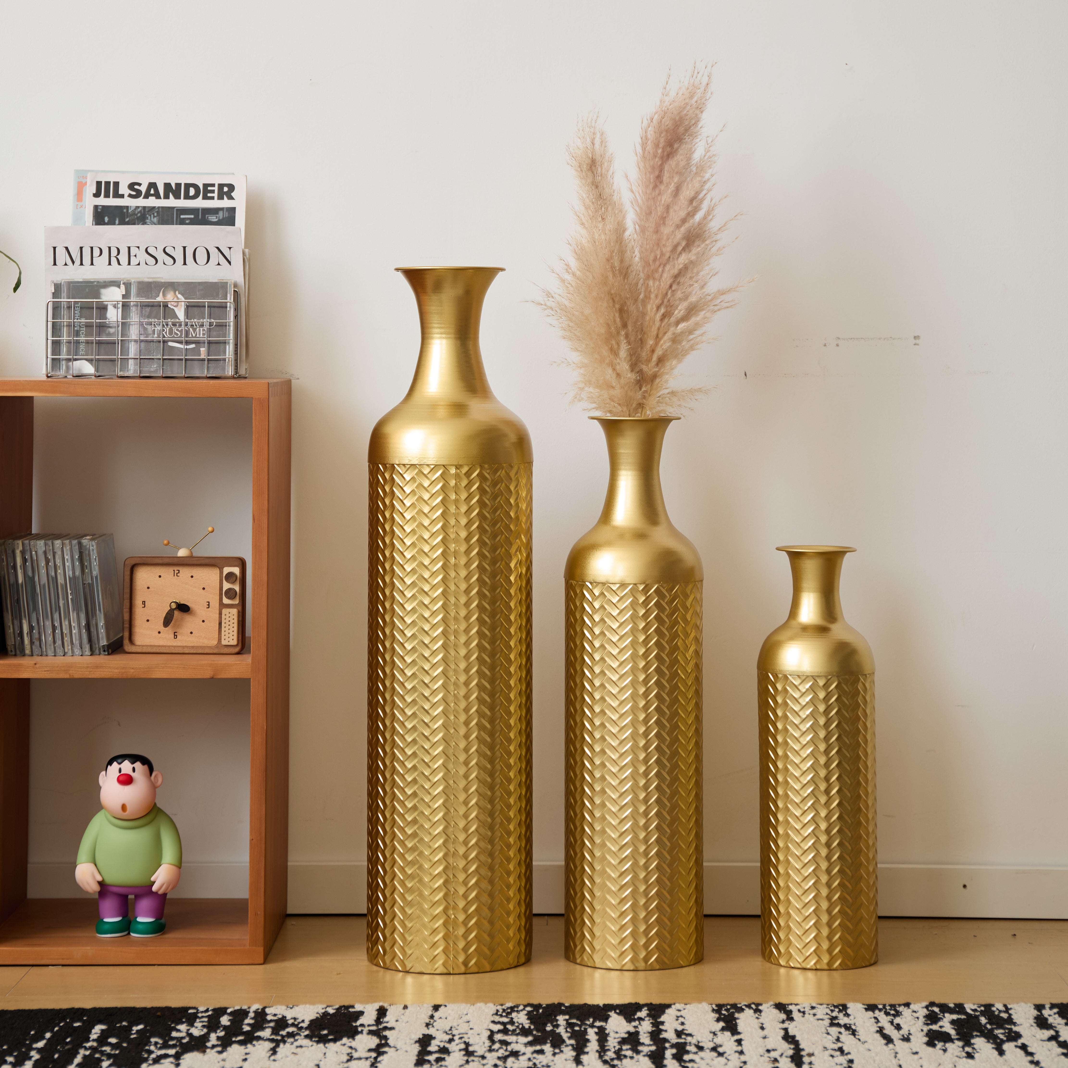 Golden Floor Vase Set, 3 Retro Decorative Vases 83/65/50cm High, Metal