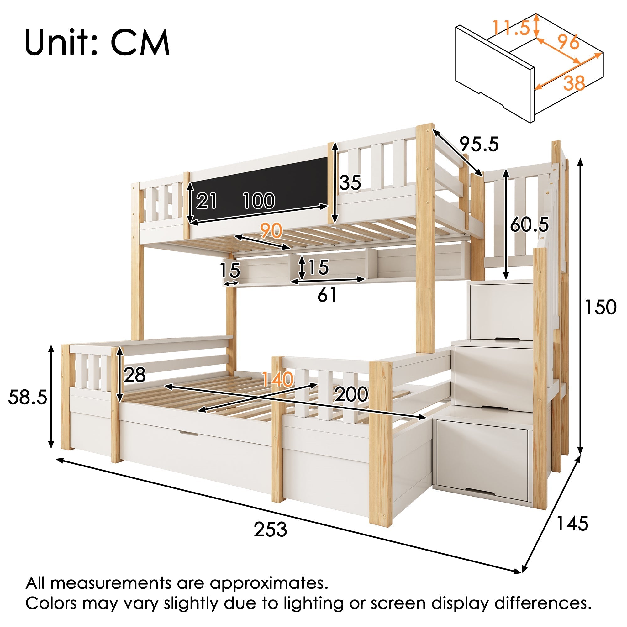 Bunk Bed for 3 Children with Storage Stairs and Chalkboard, White Natural Solid Wood