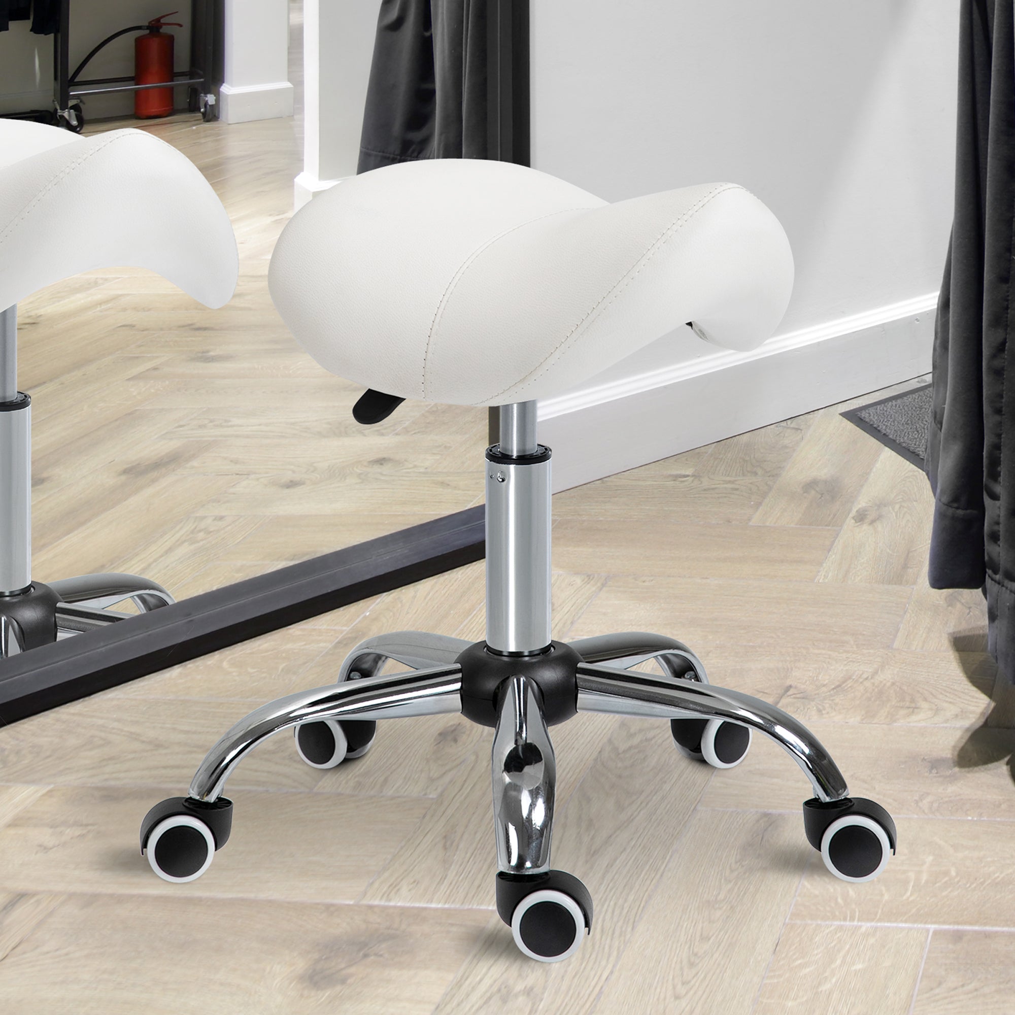 Rolling Stool Swivel Height-Adjustable Saddle, Padded White