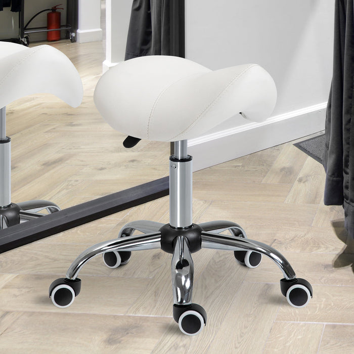 Rolling Stool Swivel Height-Adjustable Saddle, Padded White