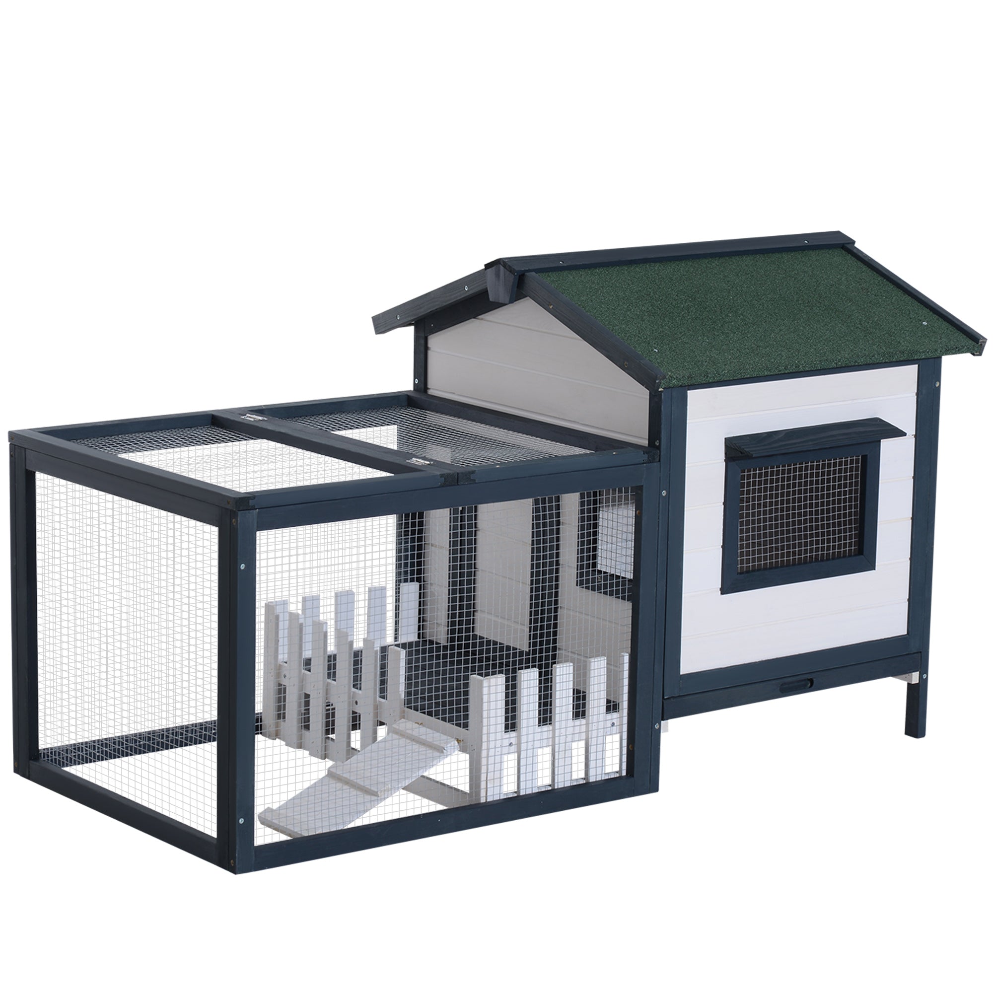 Rabbit Hutch Small Animal Cage, 151x78x84.5 cm Outdoor Run Ramp, Green White
