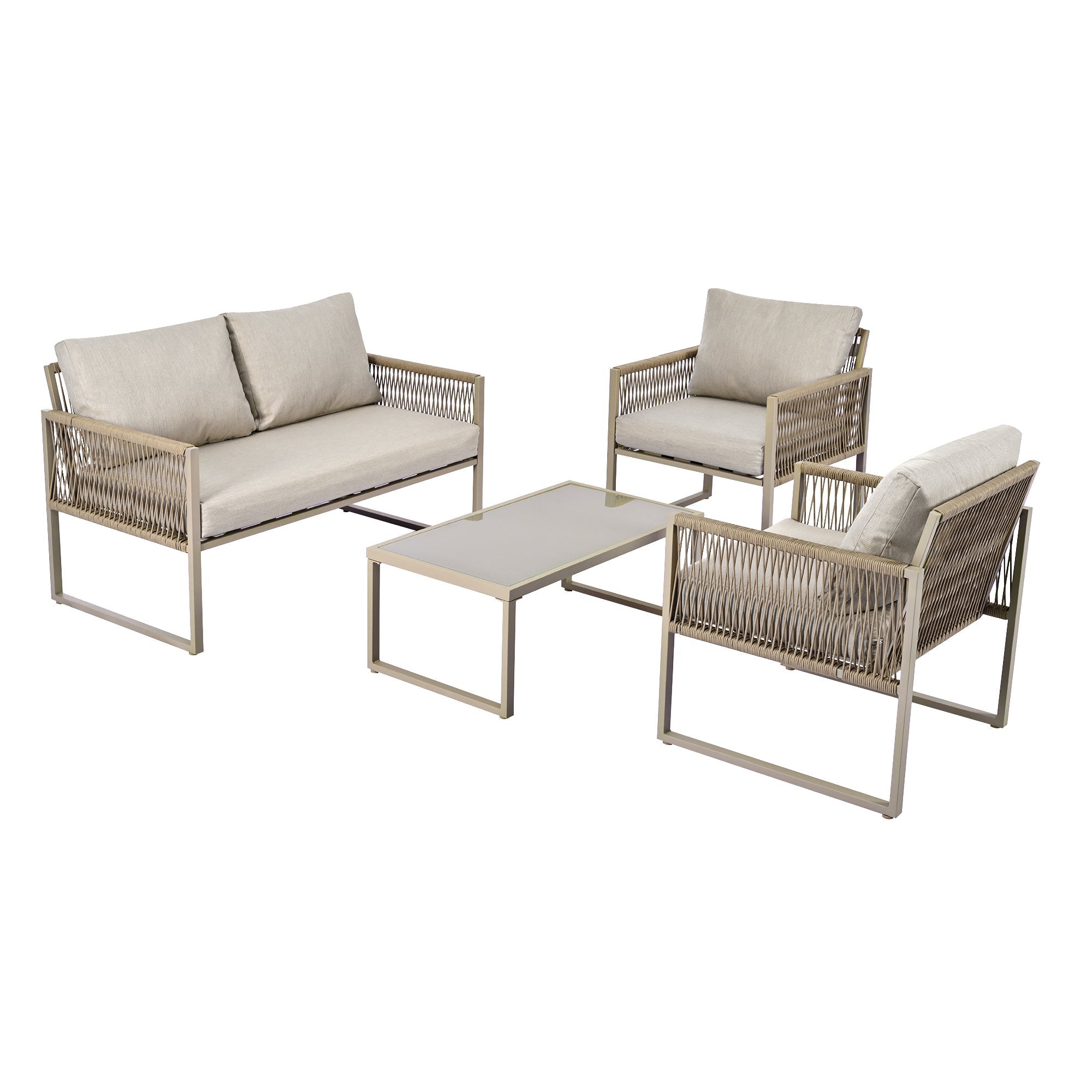 Outdoor Patio & Backyard Furniture Lounge Set for 4, Space Saving Sofa with Glass Coffee Table, Khaki