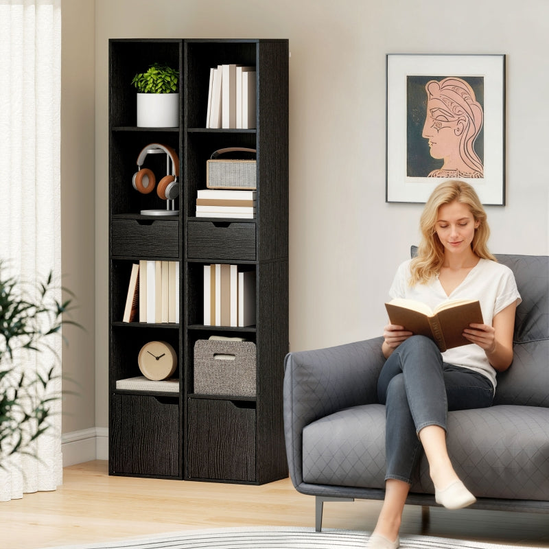 6-Tier Bookcase Narrow Shelves with Drawer and Door - Black