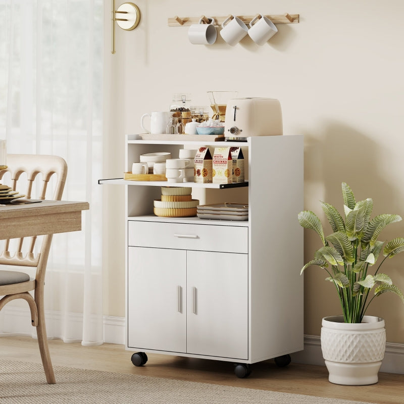 Microwave Cabinet with Shelf, Double Door, Drawer, and Casters, White