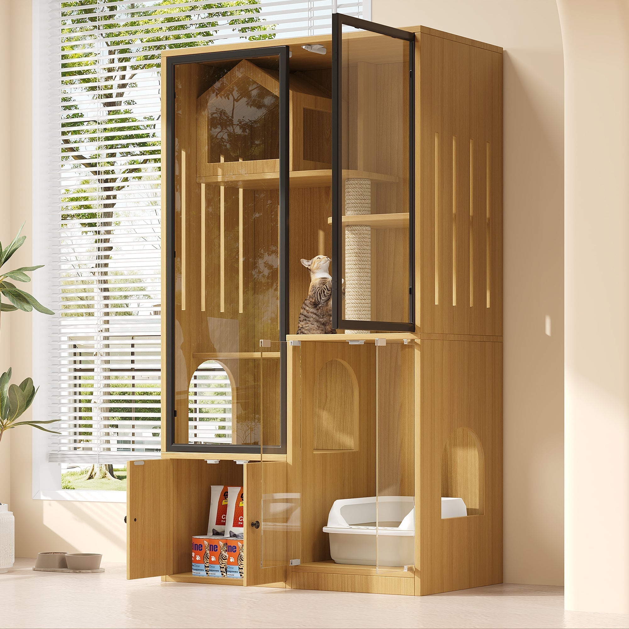Cat House 4-Story Glass 90x50x160cm with Scratching Post - Yellow Maple Wood