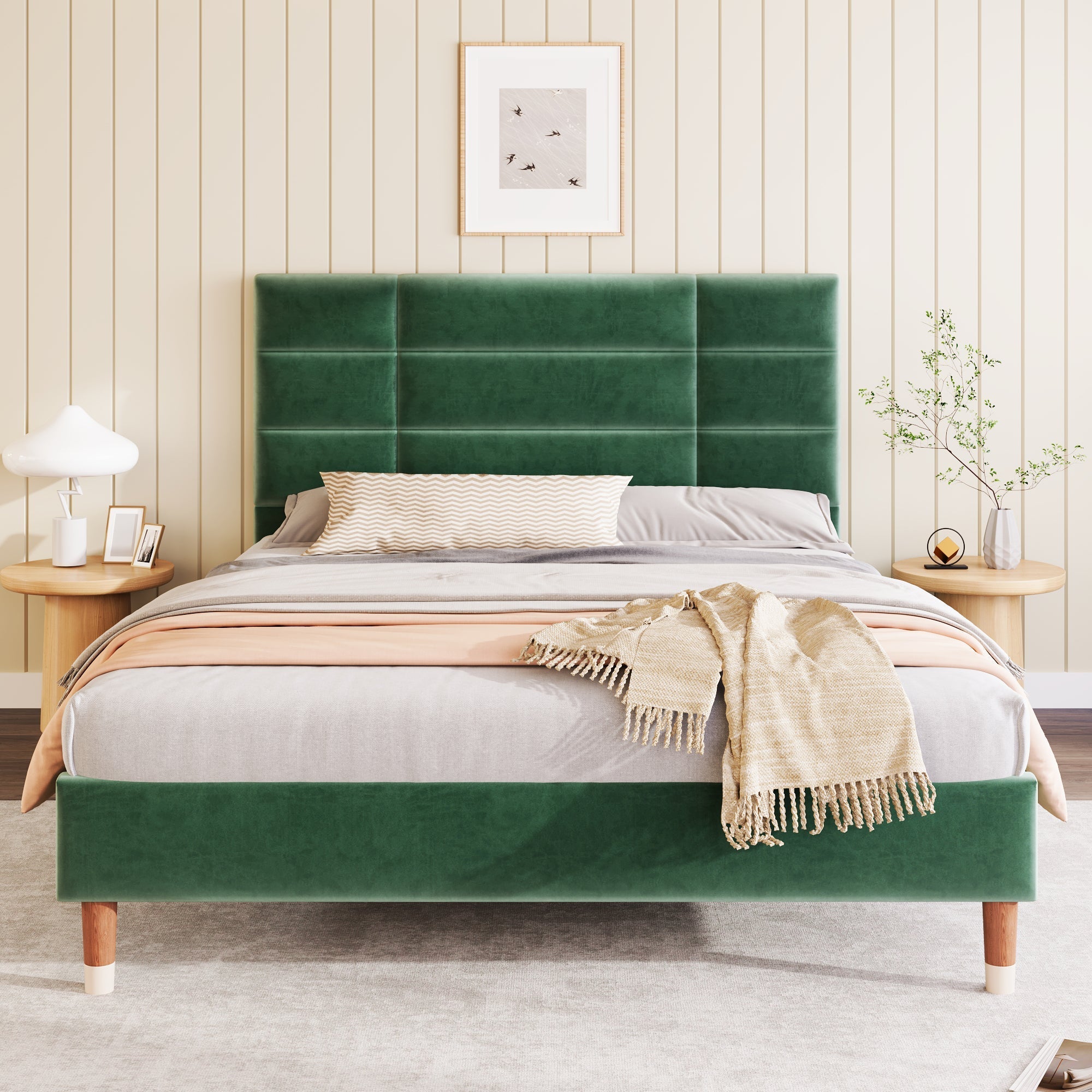 Upholstered Bed, 140x200cm Double with Slatted Frame & Headboard, Dark Green Velvet