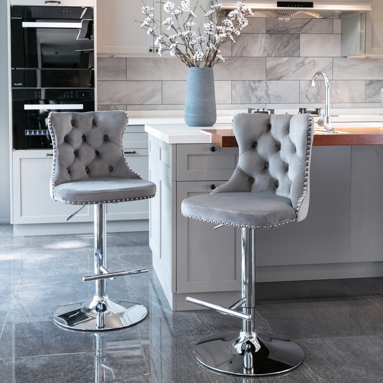 Swivel Barstools Adjustable Height Tufted Back Chrome Base Set of 2 - Velvet Gray