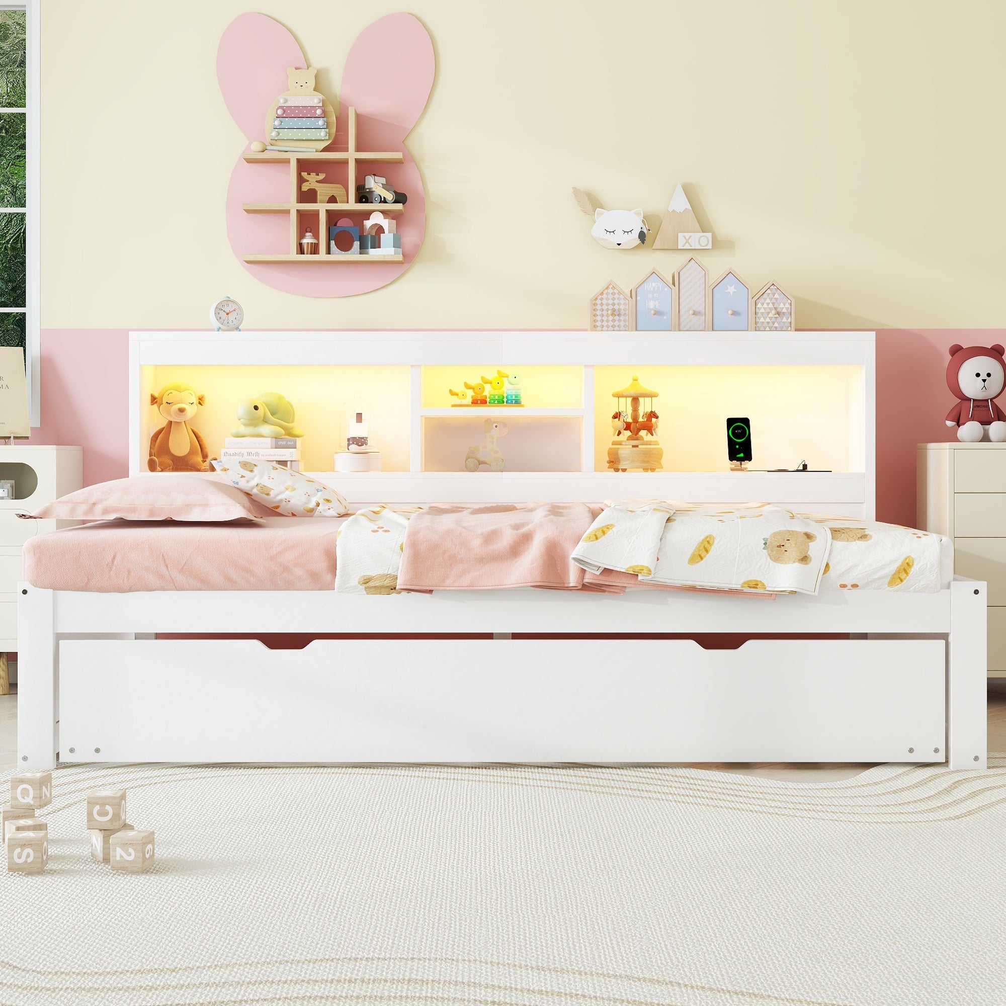 Daybed Sofa Bed 90x200cm Pull-out LED Storage USB/Power - White