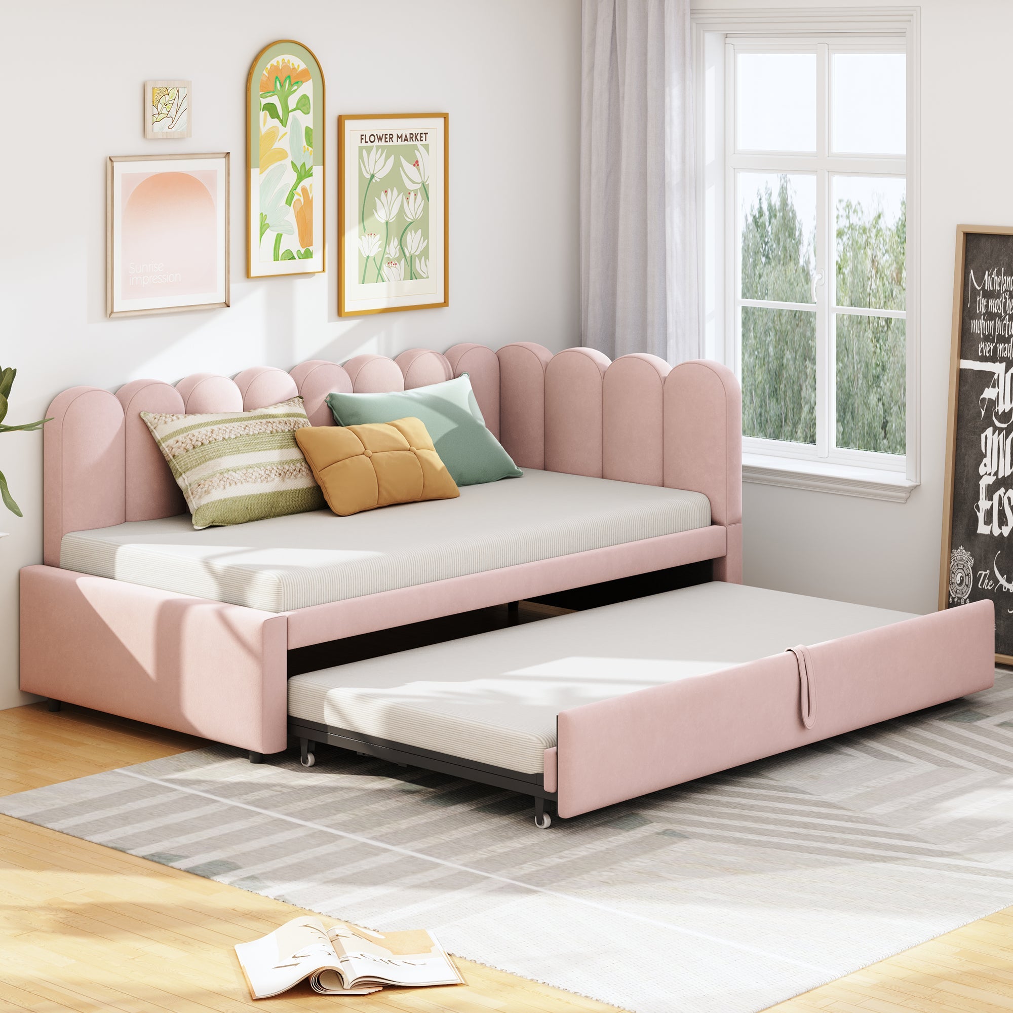2-in-1 L-Shaped Sleeper Sofa 90/180 x 200 cm Space-Saving Upholstered Velvet Pink
