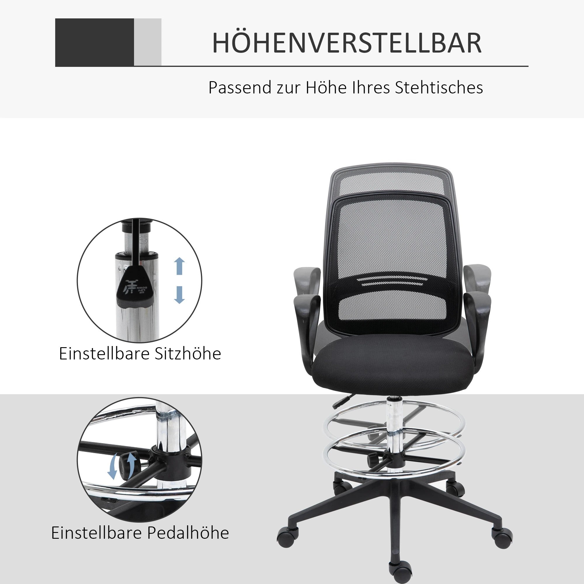 Ergonomic Office Standing Chair Swivel Height-Adjustable Footrest, Metal Black