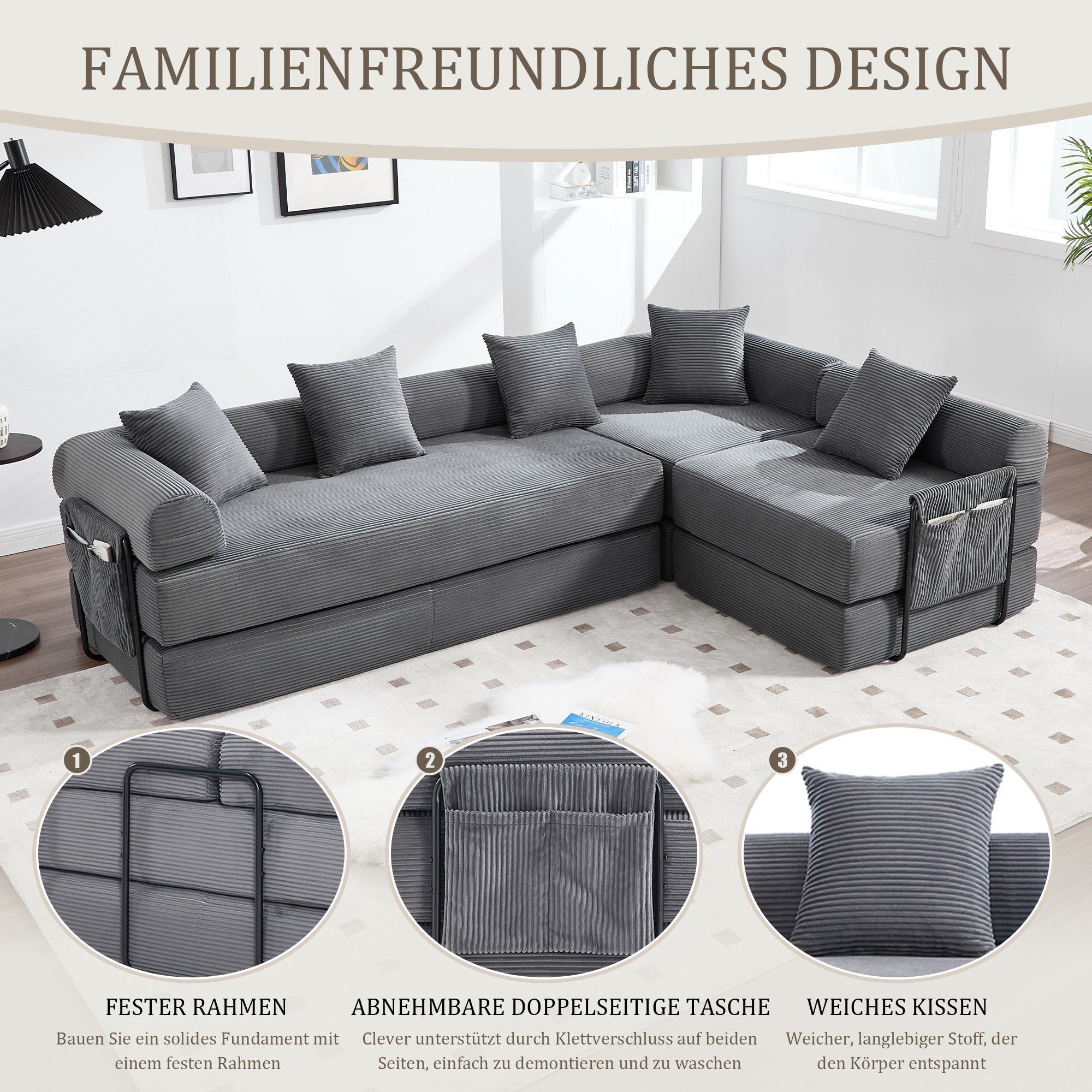 Modular Family Sofa with Storage & Pet-Friendly Fabric - Dark Gray