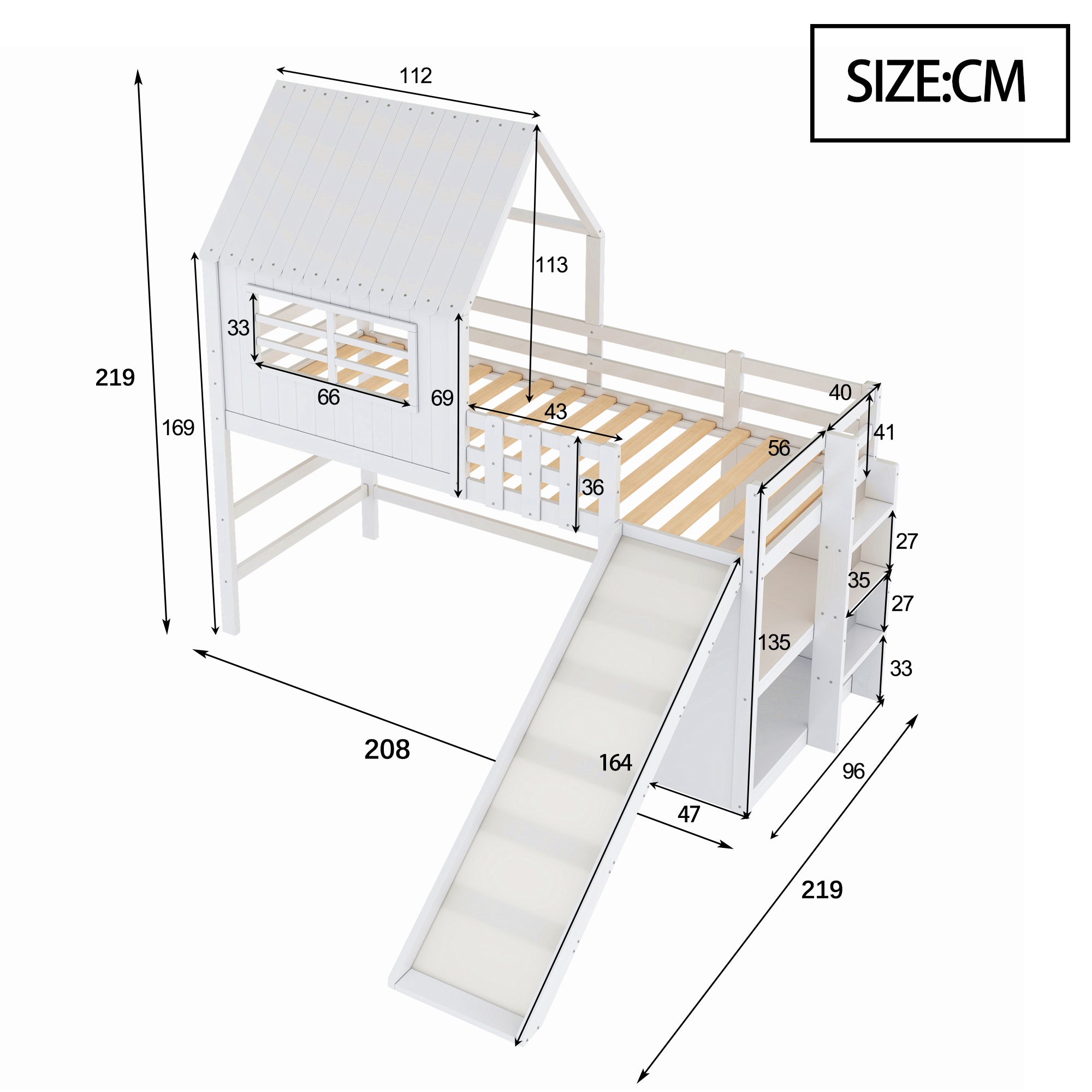 Children's Bed 90x200cm, Attic Design with Ladder, Slide & Storage, Solid Wood, White