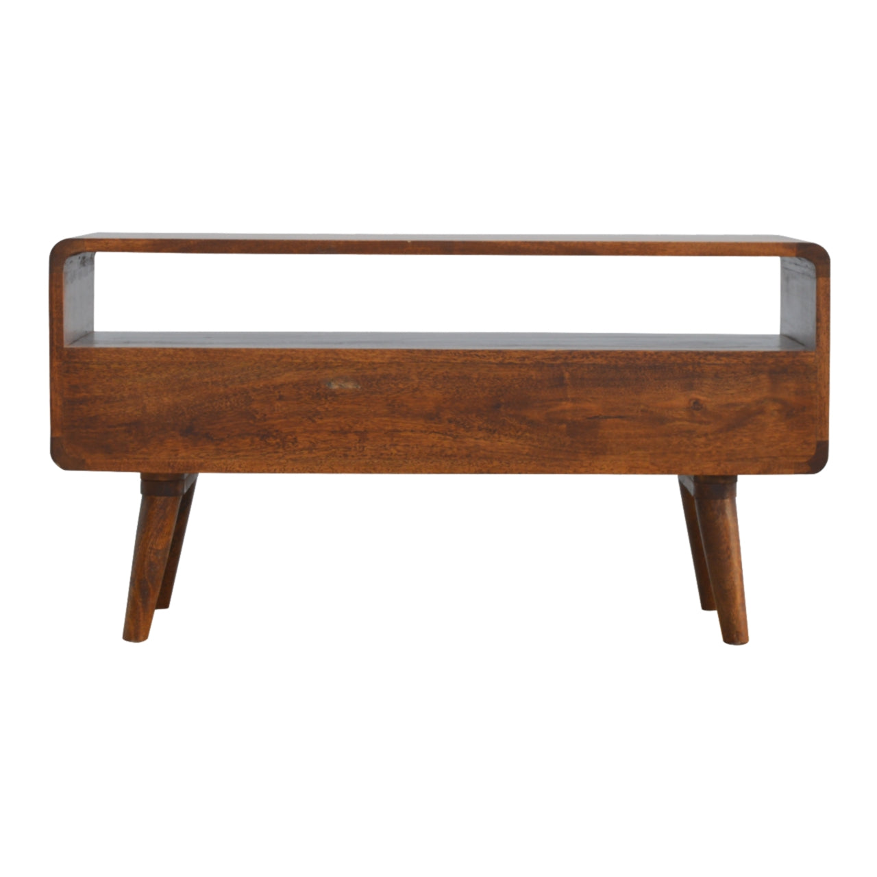 Solid Wood Media Unit, Curved Chestnut 2 Drawers 1 Open Slot, Dark Brown
