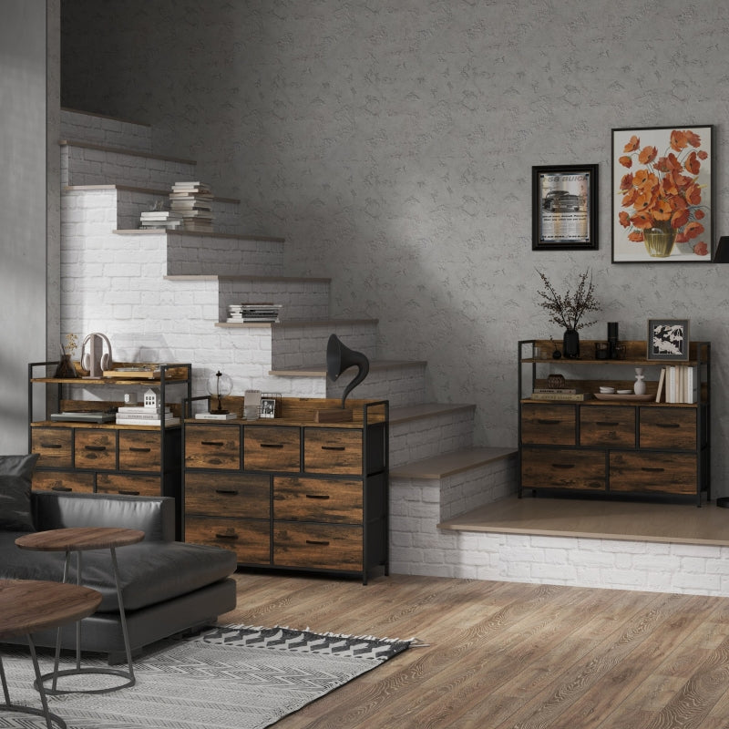 Kommode, 7 Stoffschubladen, Kippschutz, Braunes MDF