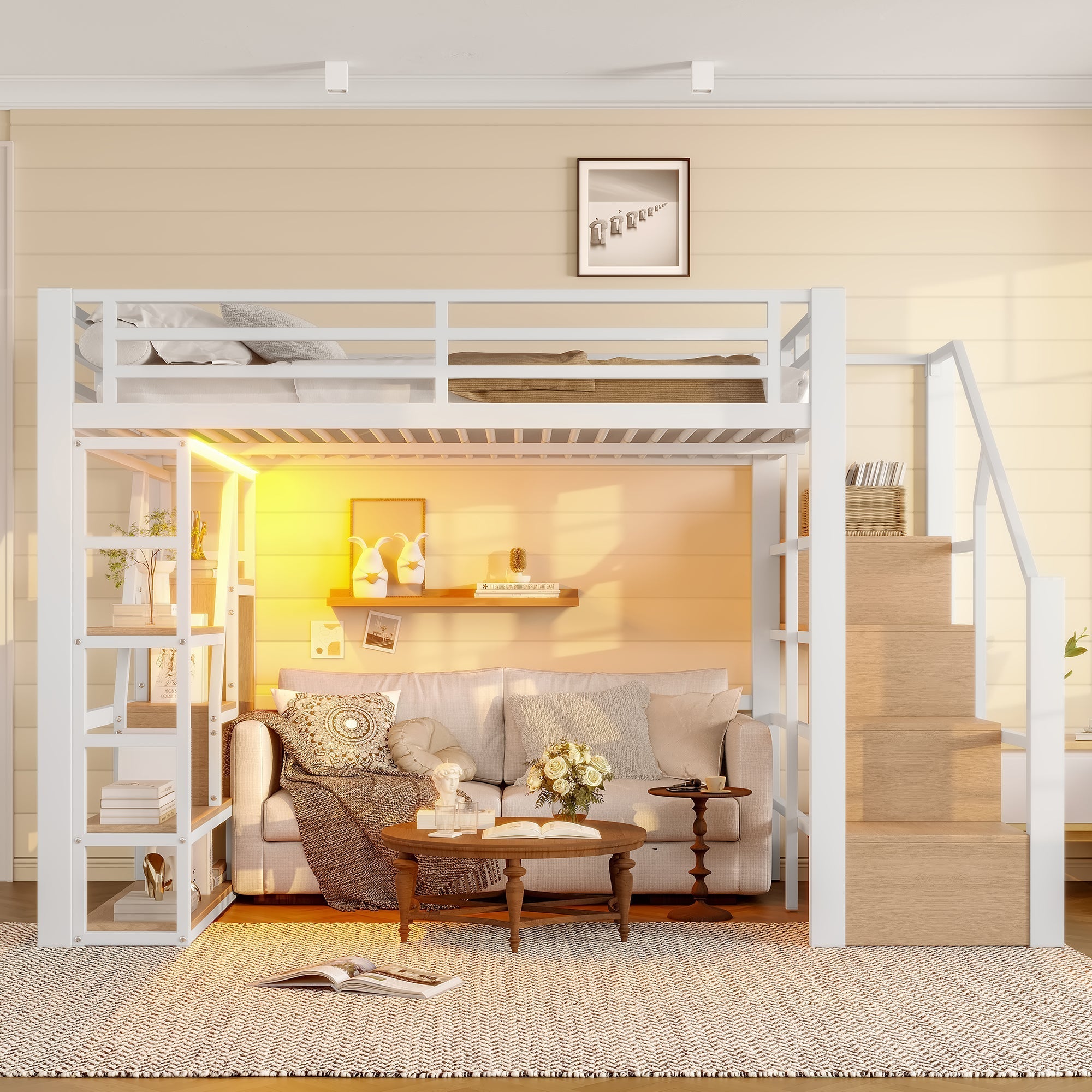 Loft Bed with LED, Storage Compartment and Integrated Steps, 140x200cm, White Iron Frame