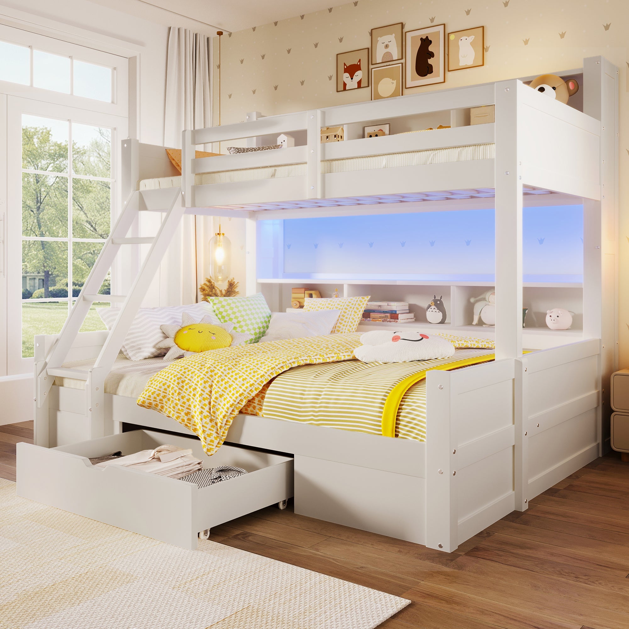 Bunk Bed with Storage Shelves, Drawer and LED Light, 90x200cm over 140x200cm, White