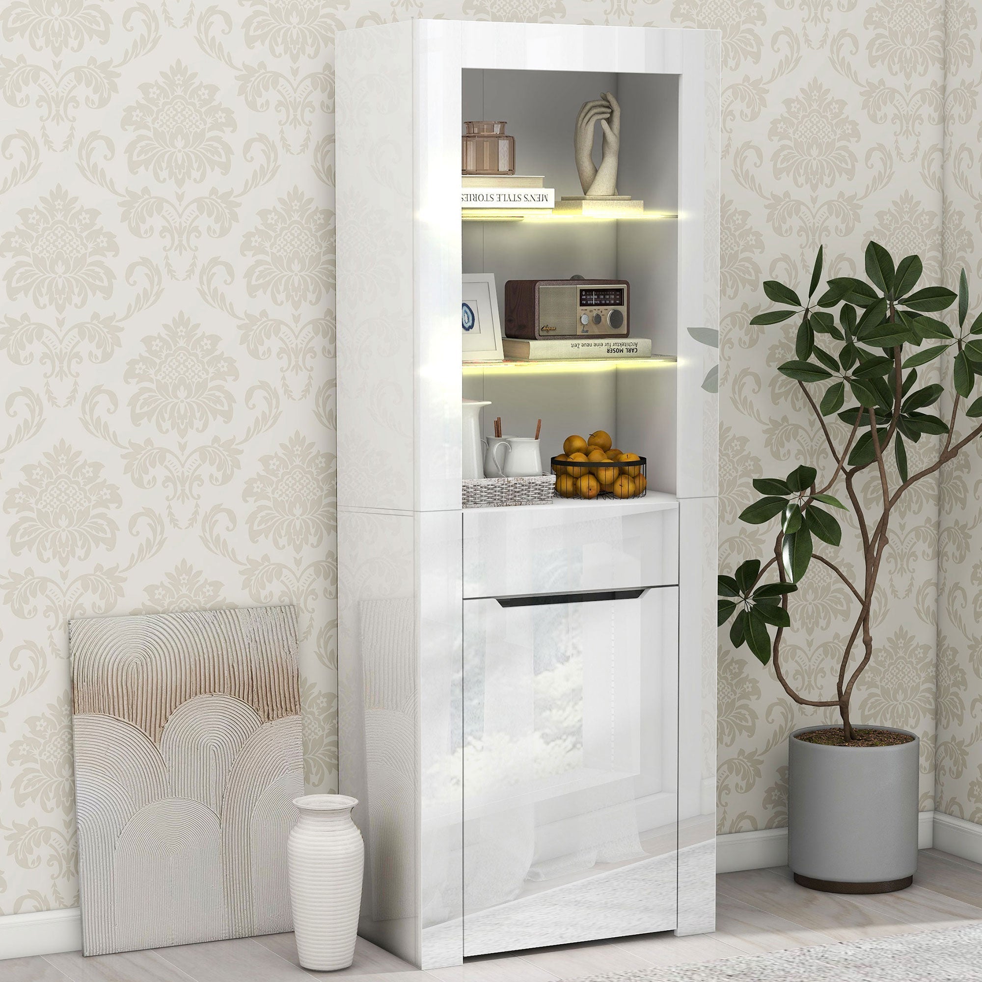 Display Cabinet with App LED Lights and Shelves, White