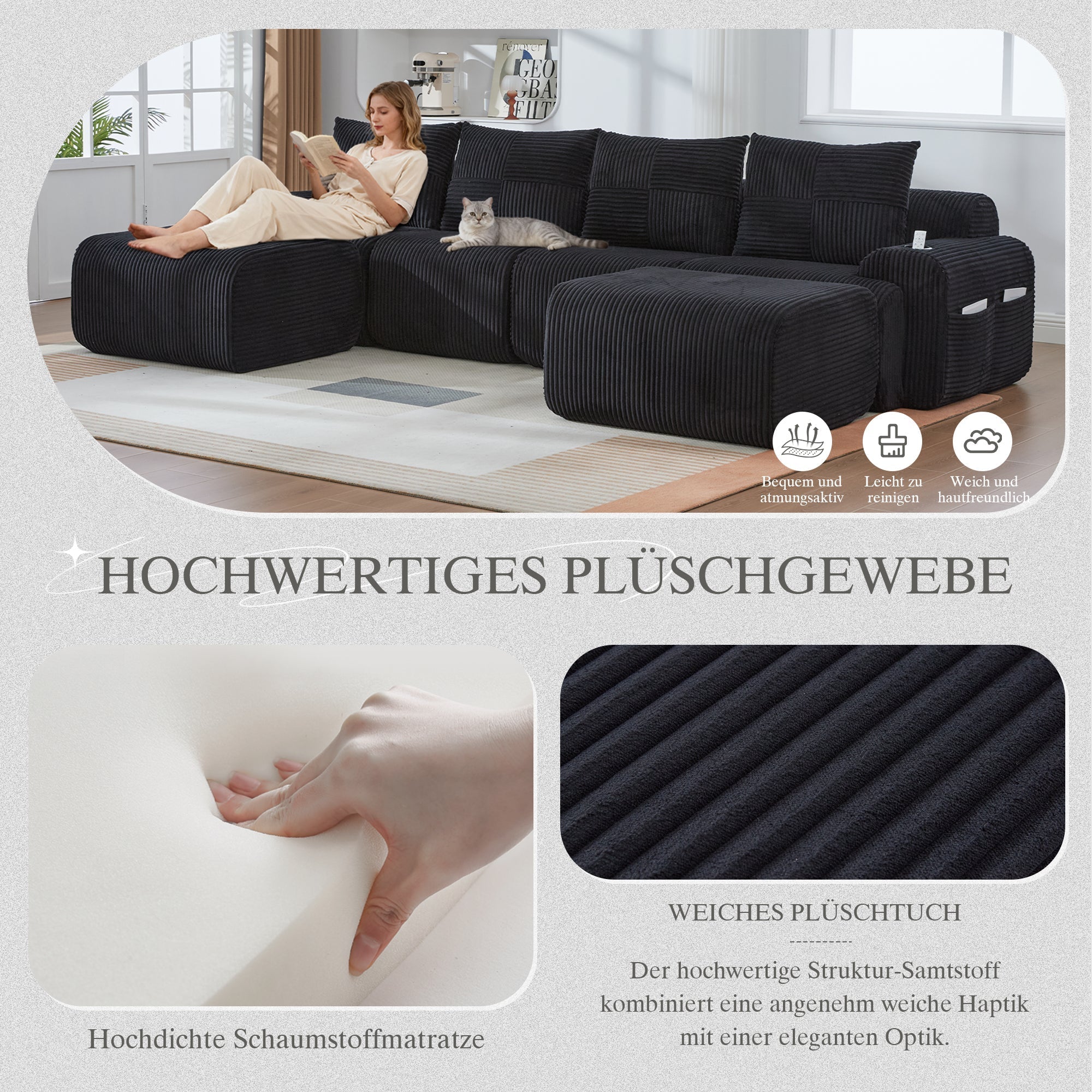 Modular 4-Seater Sofa with 2 Ottomans, Cup Holders and Storage, Black Corduroy