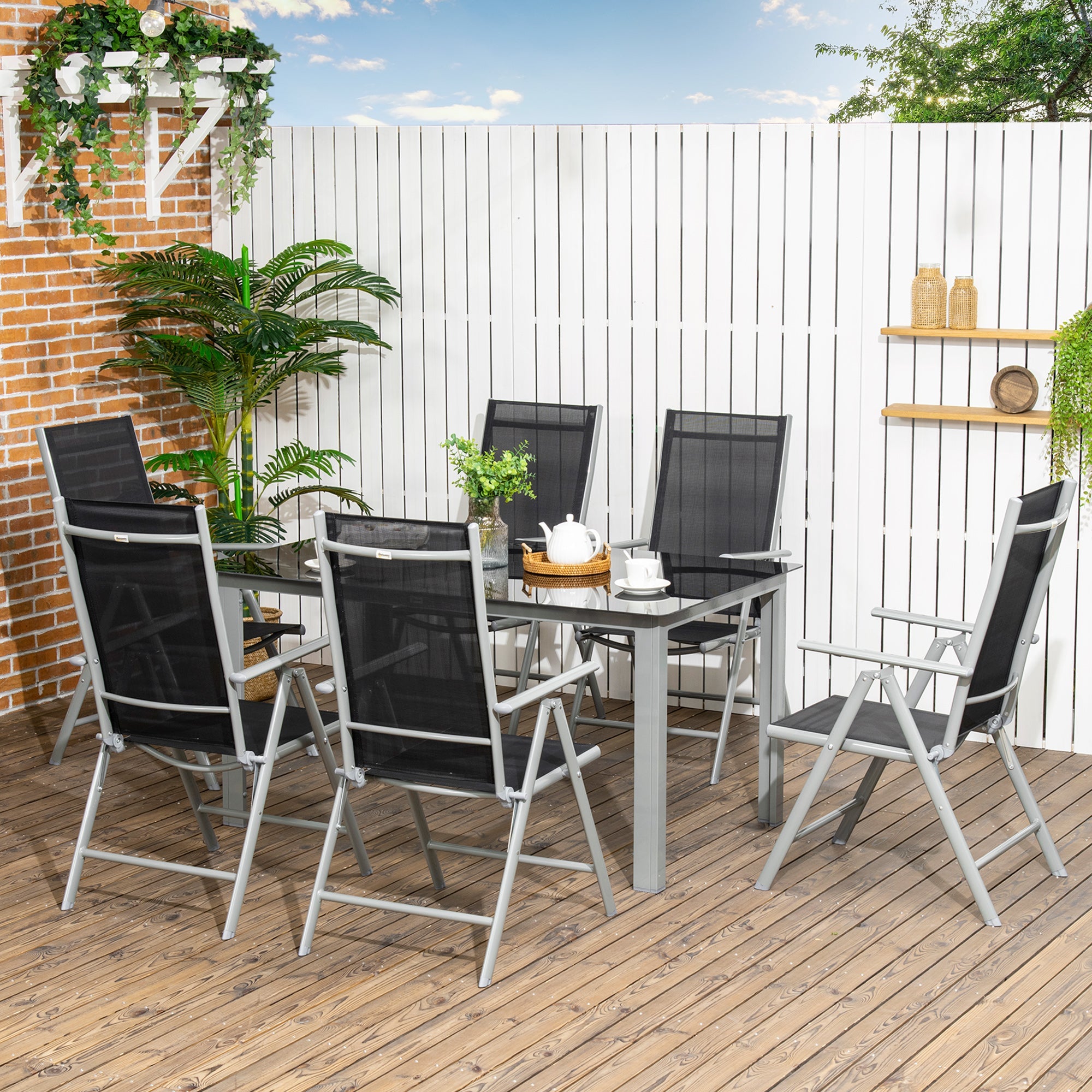 7 Piece Garden Dining Set, Folding and Reclining Chairs with Tempered Glass Table, Aluminium Frame, Black