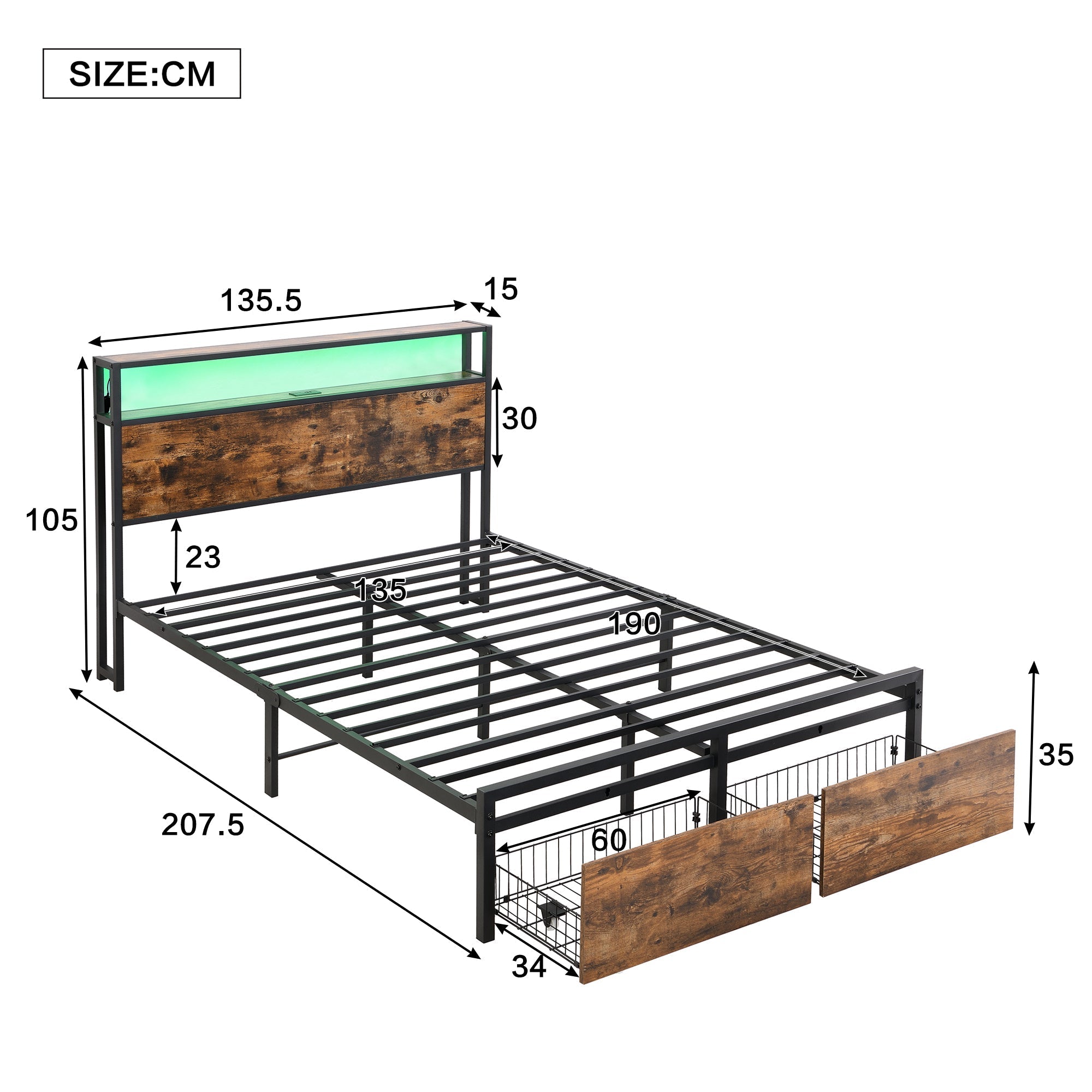 Metal Bed, 4ft6 Double with LED Strip, 2 Drawers & USB Ports, Black+Walnut Wrought Iron
