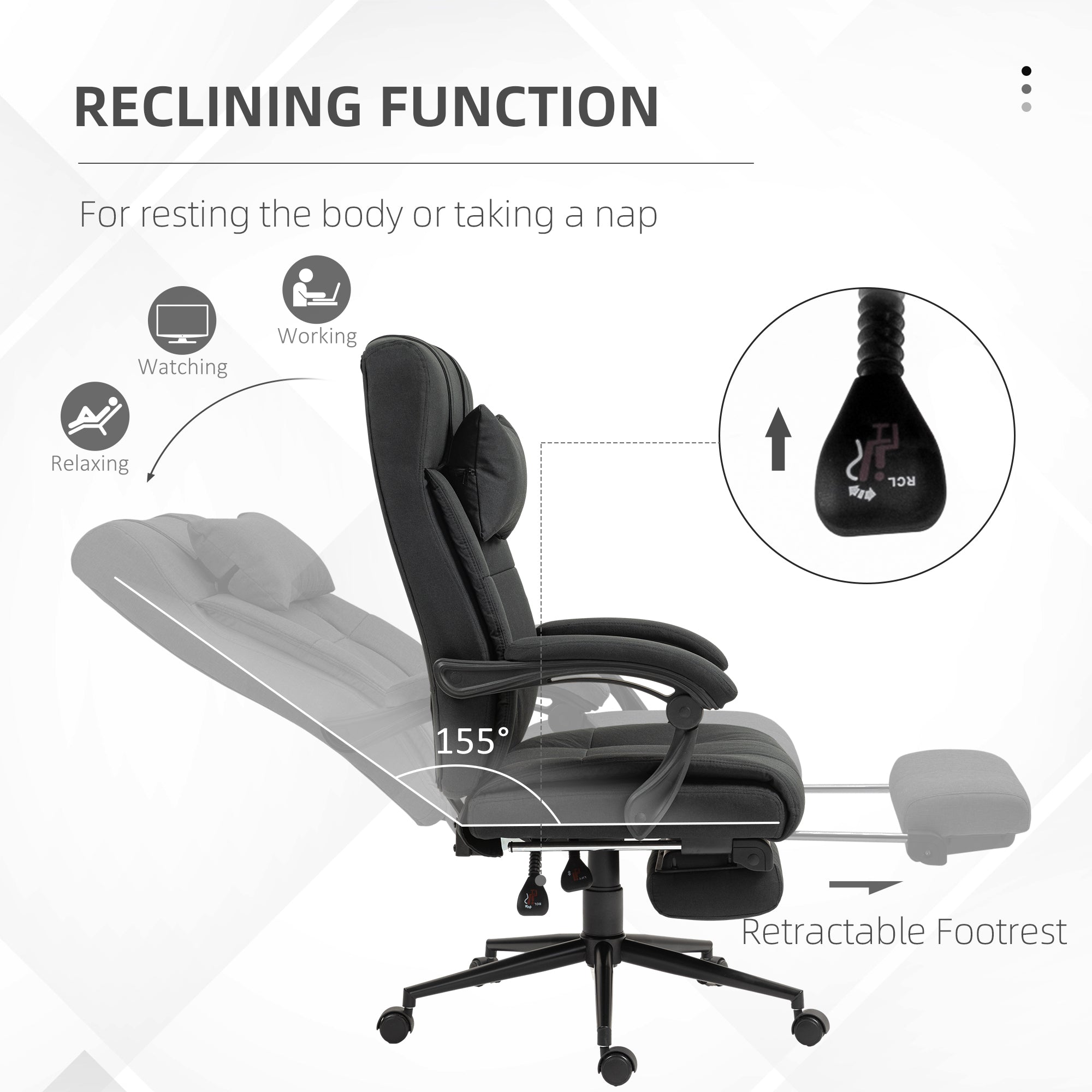 Office Desk Chair, Reclining Backrest Footrest Headrest Swivel Wheels, Black
