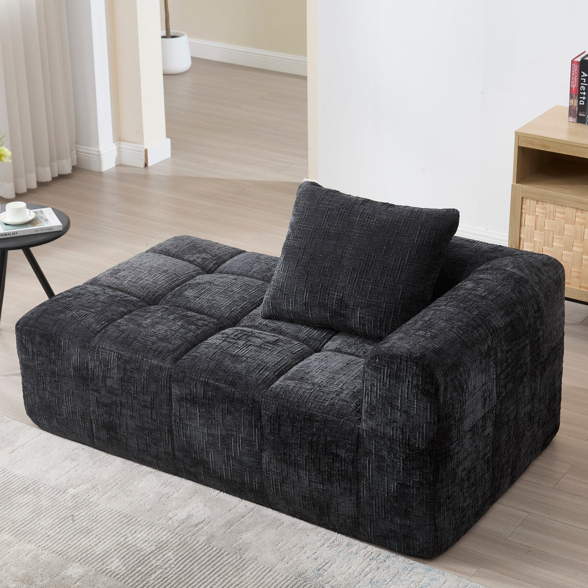 Chaise Longue Sofa, Soft Cushions Side Pockets, Black