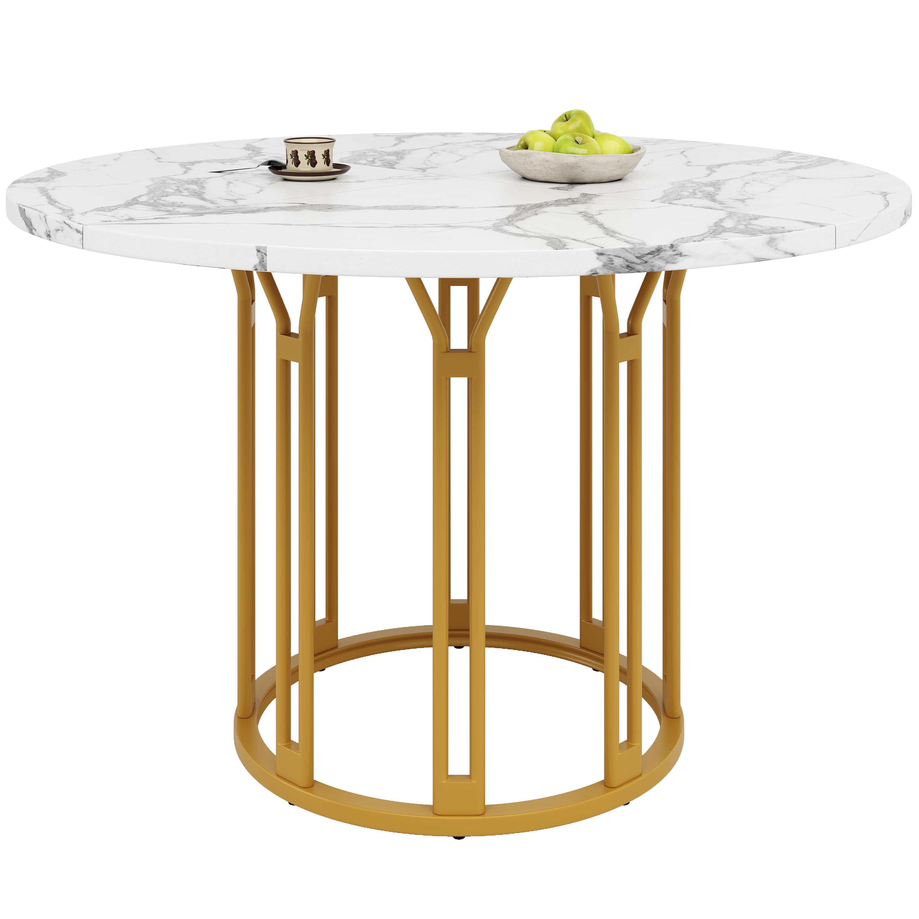 Dining Table Set 5-Piece Round Marble Top 4 Chairs Linen Bench - Grey