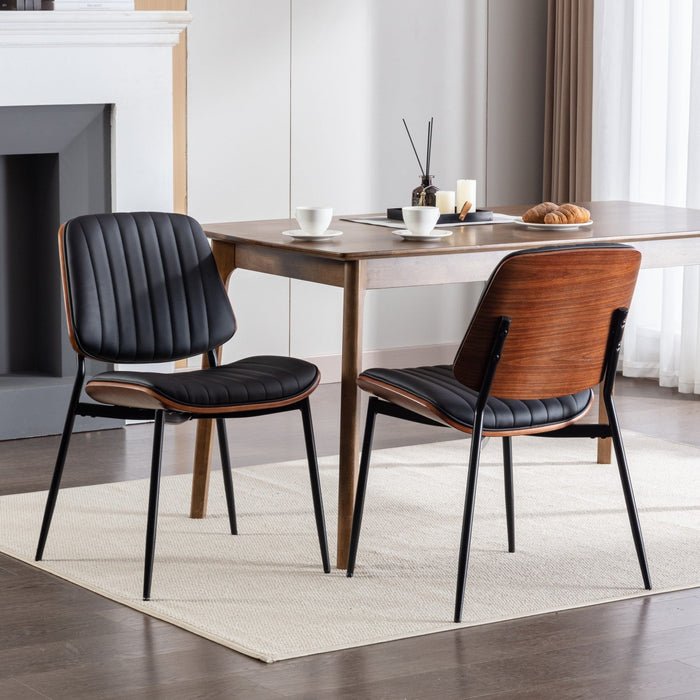 Dining Chairs Set of 2 Mid-Century Modern Retro Walnut Bentwood Back Upholstered Seat Metal Legs - Black Faux Leather
