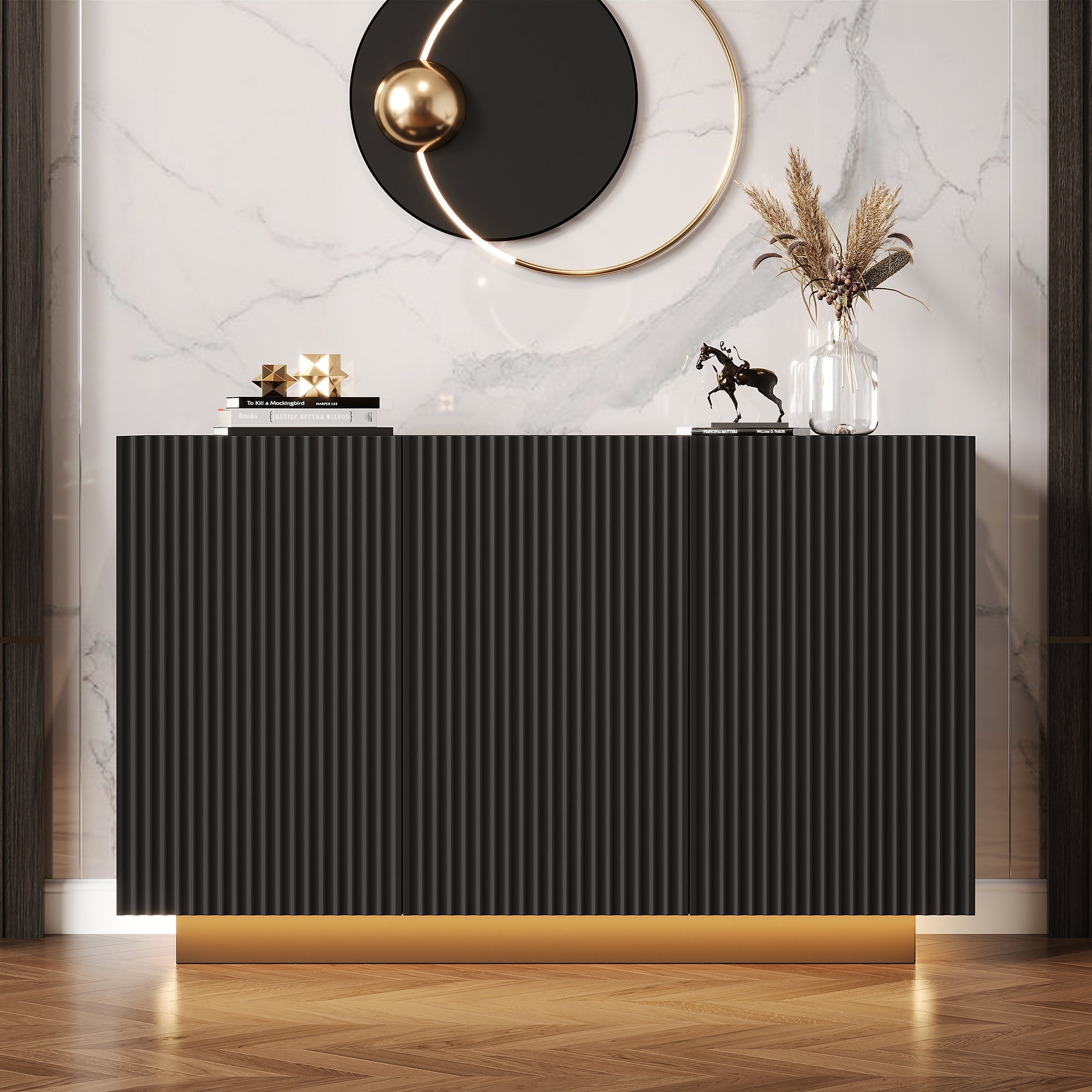 LED Chest of Drawers, Modern Design Sideboard with Lighting, 120cm, Black Marble Look