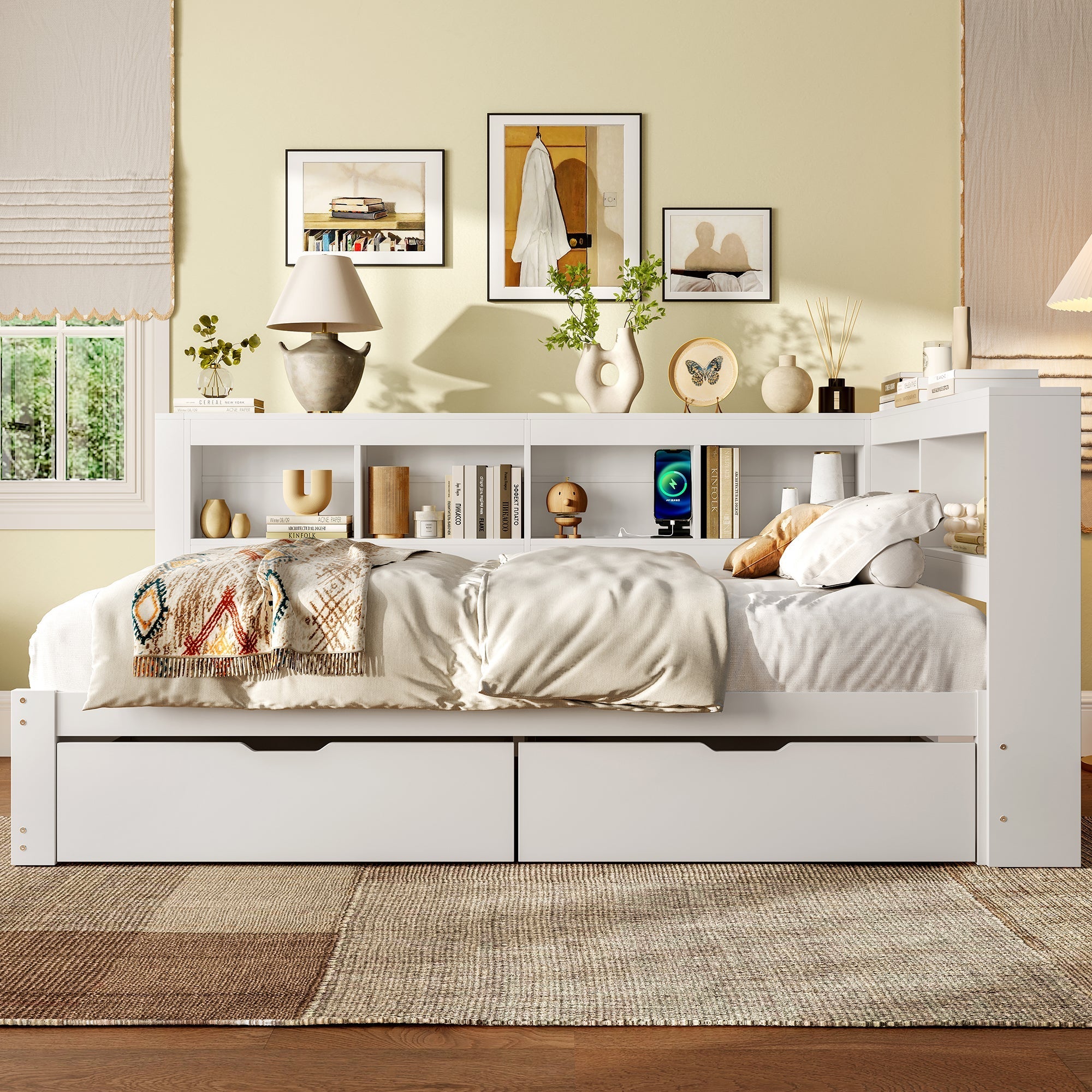 Daybed with 2 Drawers and USB Charging Ports, 140 x 200 cm, White Chipboard