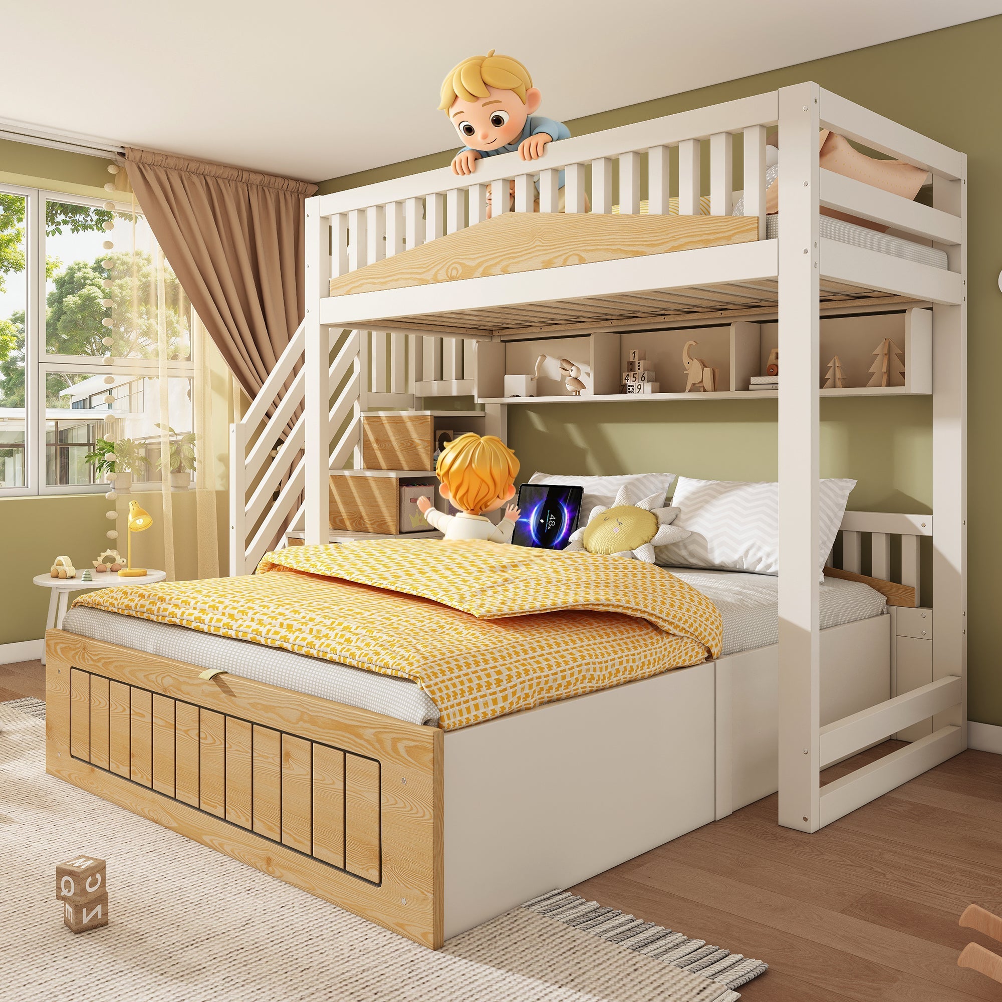 Children's Wooden Bunk Bed 90x200 & 140x200 cm with Hydraulic Storage and USB-C Port, White and Natural