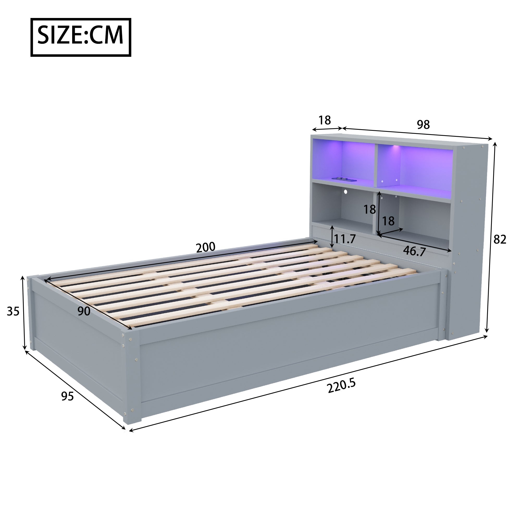 Sofa Bed 90*200, Hydraulic with Storage & Light Bar, Solid Wood, Gray